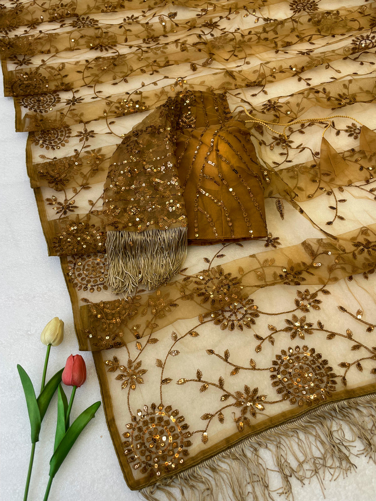 Luxury Wedding Wear Golden Colour Net Heavy Embroidery Work Designer Saree With Unstitched Blouse