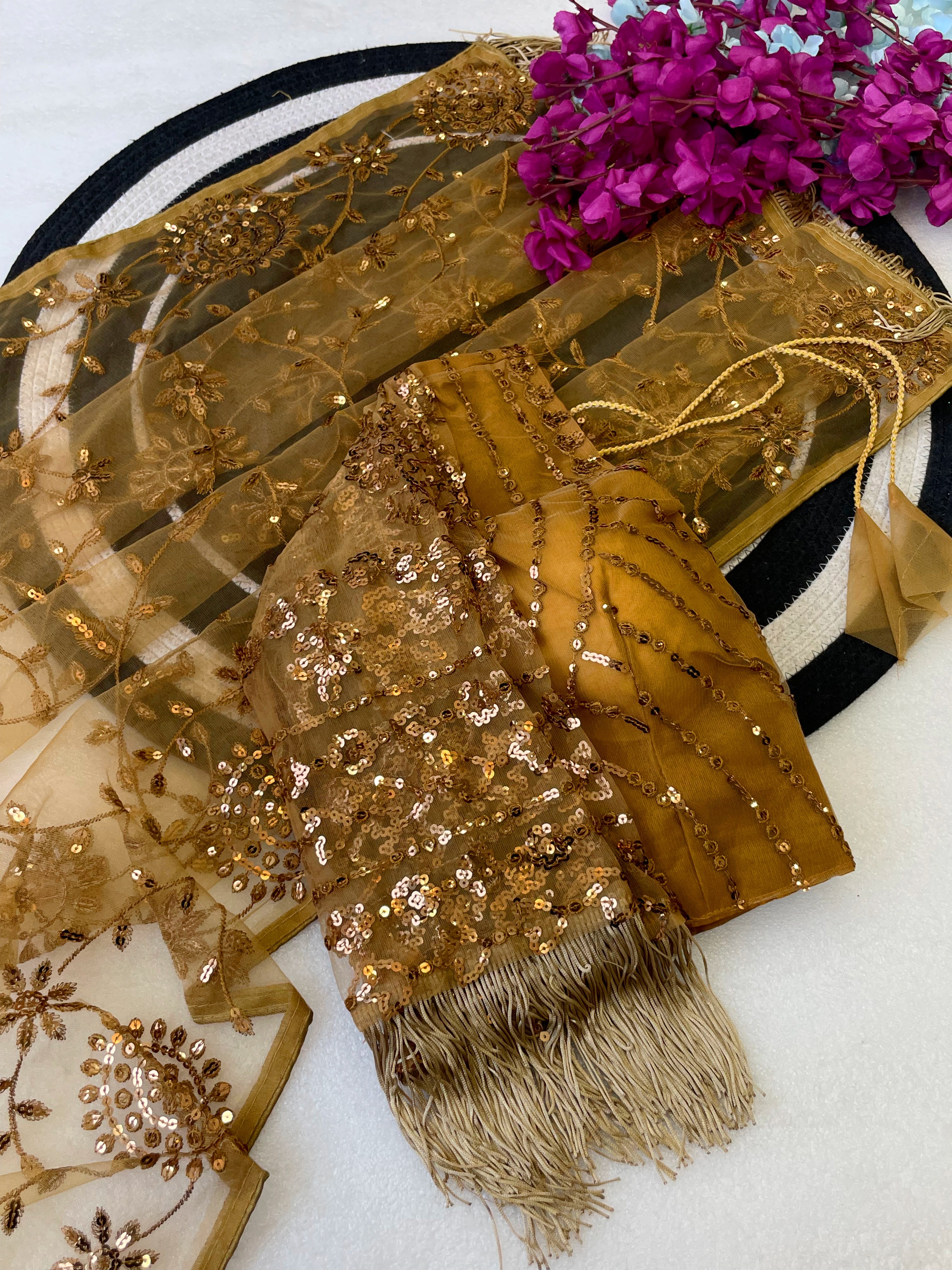 Luxury Wedding Wear Golden Colour Net Heavy Embroidery Work Designer Saree With Unstitched Blouse
