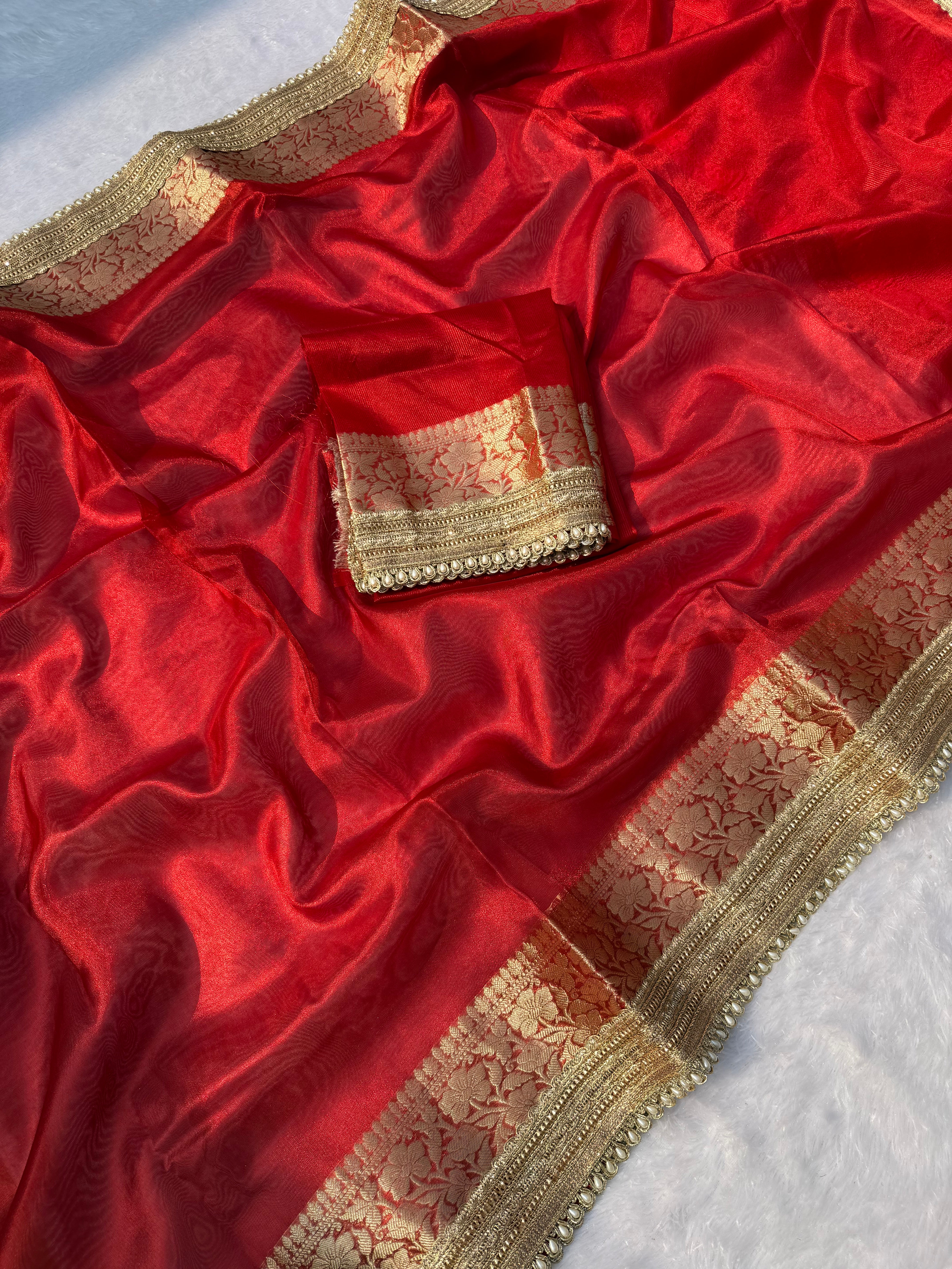 Admirable Festive Wear Red Colour Banarasi Tissue Silk Jacquard n Lace Work Fancy Designer Partywear Saree