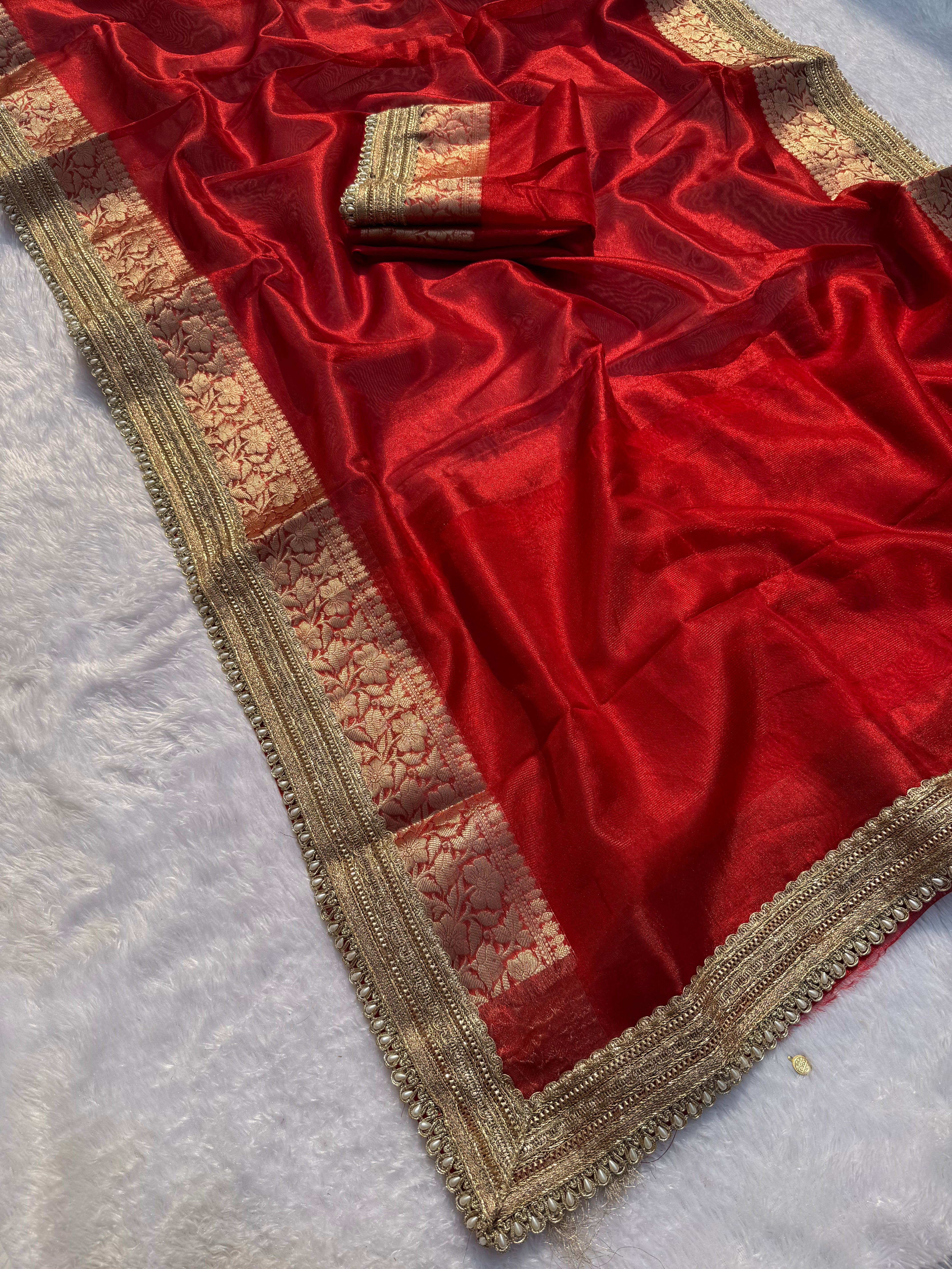 Admirable Festive Wear Red Colour Banarasi Tissue Silk Jacquard n Lace Work Fancy Designer Partywear Saree