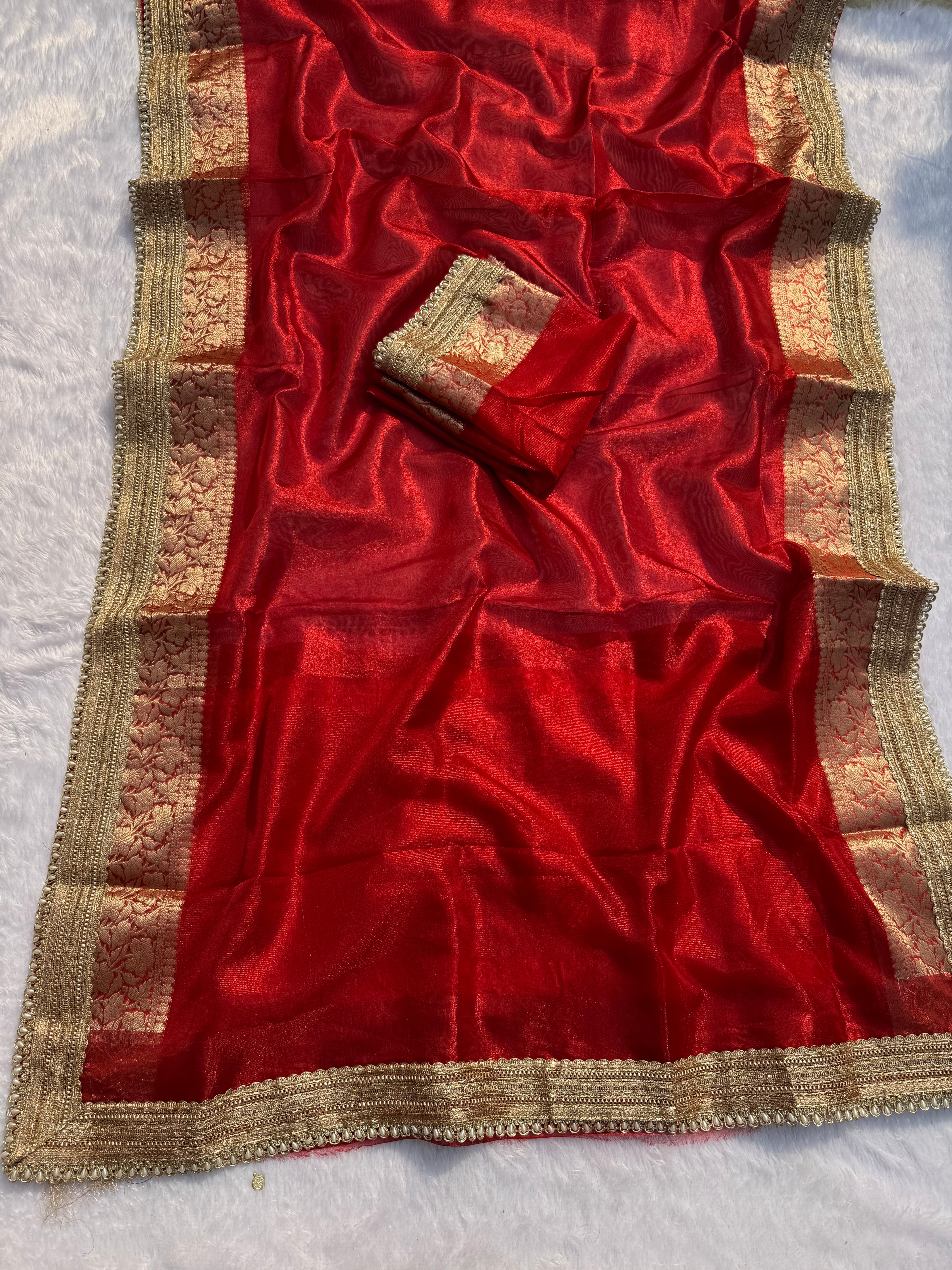 Admirable Festive Wear Red Colour Banarasi Tissue Silk Jacquard n Lace Work Fancy Designer Partywear Saree