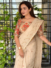 Load image into Gallery viewer, Redolent Wedding Wear Linen Cotton Thread Embroidery Work Fancy Saree With Unstitched Blouse Piece

