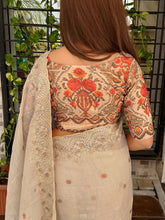Load image into Gallery viewer, Redolent Wedding Wear Linen Cotton Thread Embroidery Work Fancy Saree With Unstitched Blouse Piece

