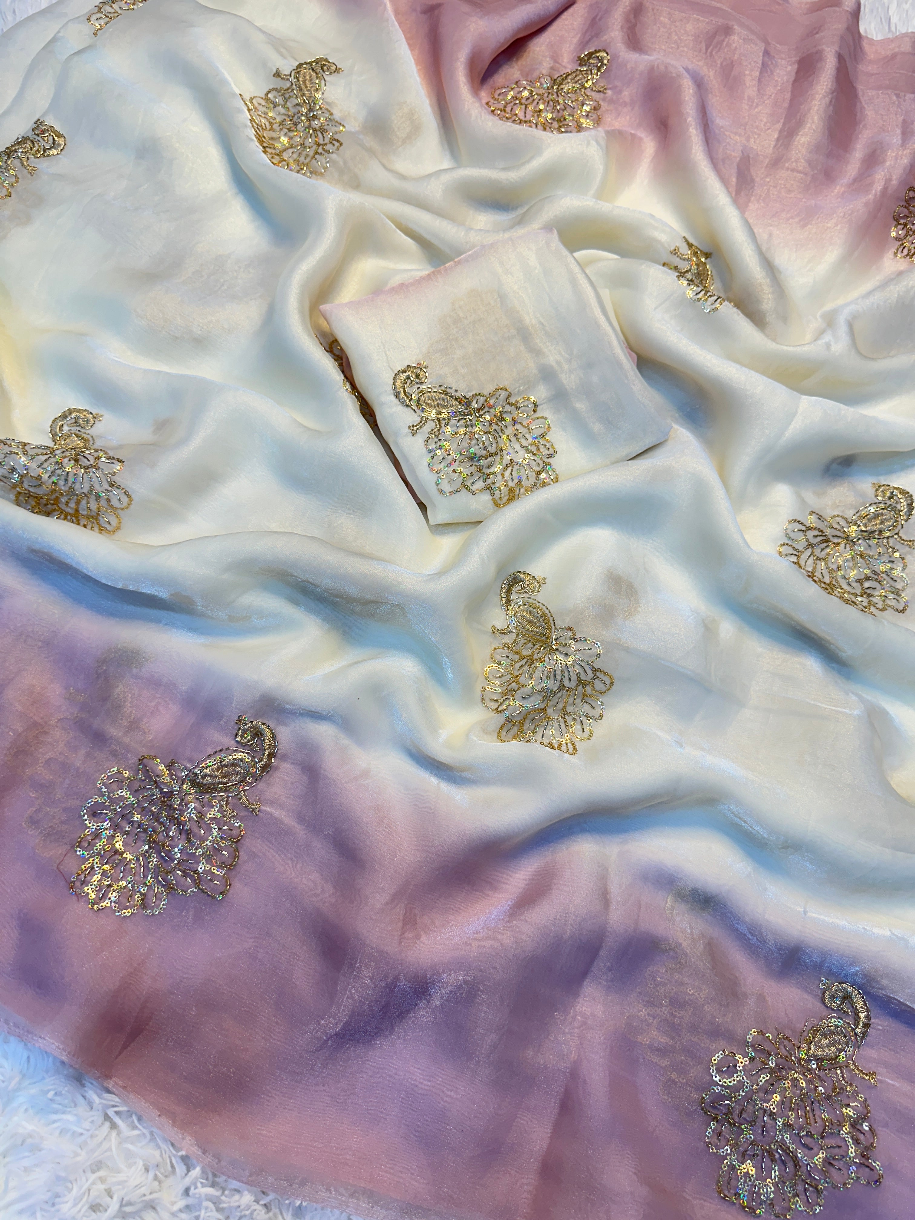 Charming Party Wear Silk Embroidery Sequence n Beads Work Fancy Saree With Blouse Piece