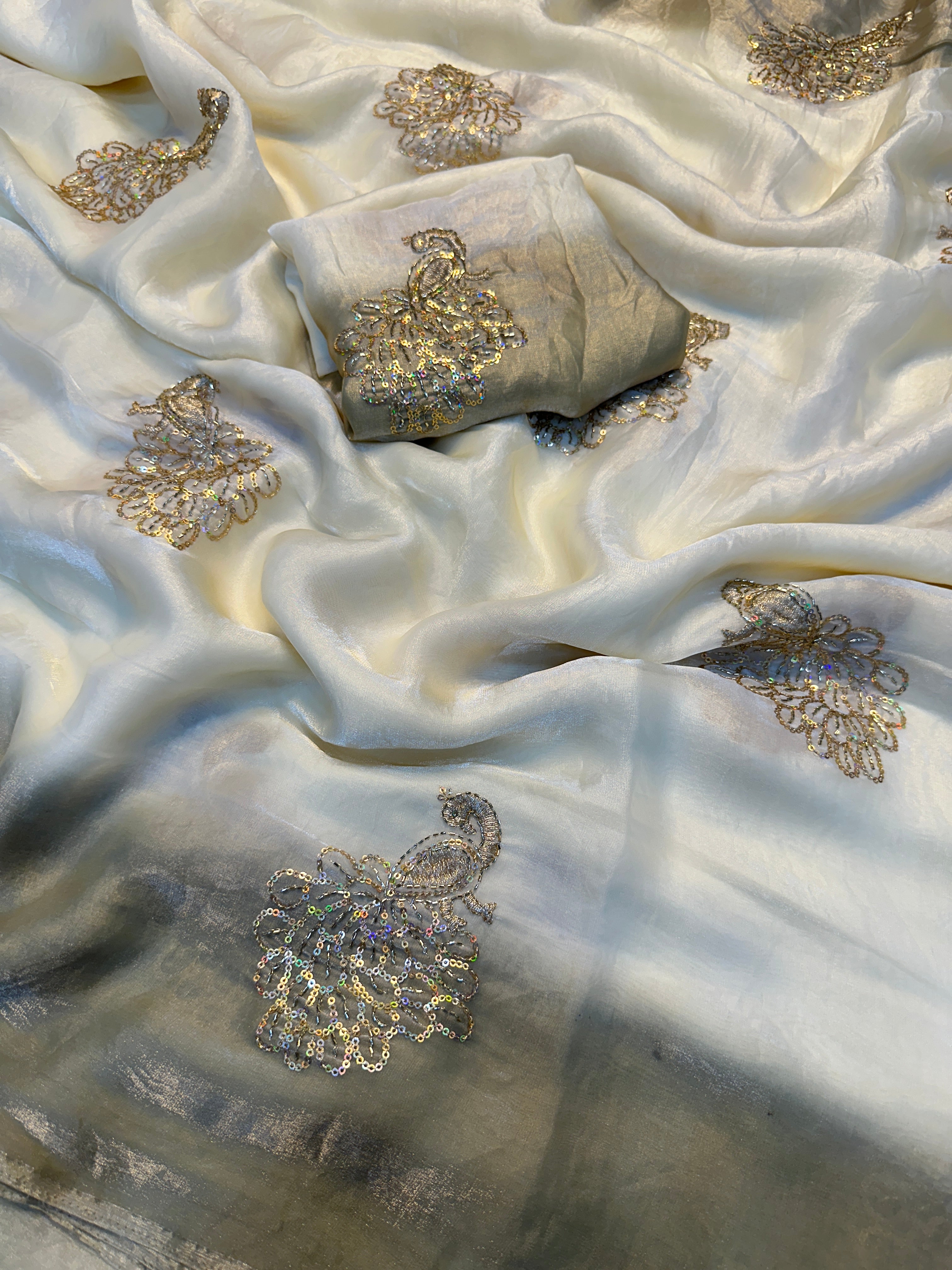 Charming Party Wear Silk Embroidery Sequence n Beads Work Fancy Saree With Blouse Piece
