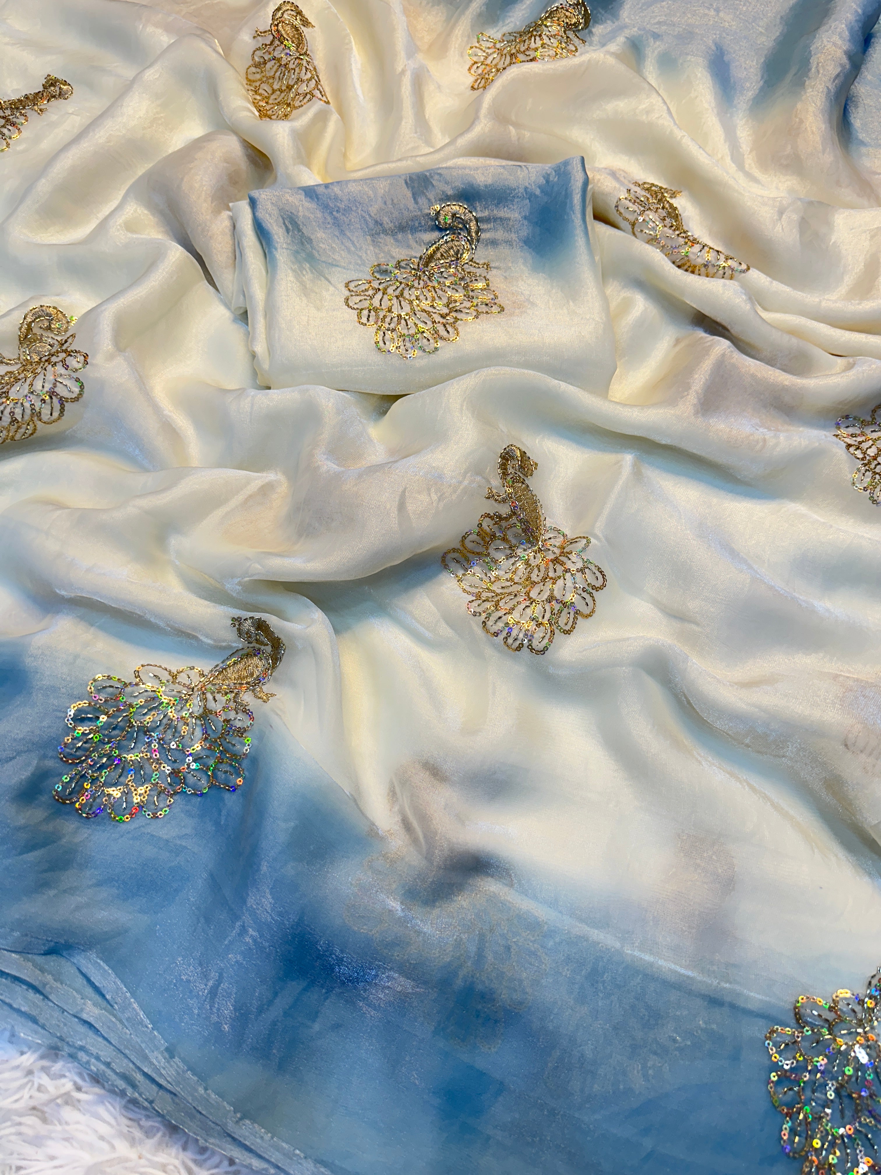 Charming Party Wear Silk Embroidery Sequence n Beads Work Fancy Saree With Blouse Piece