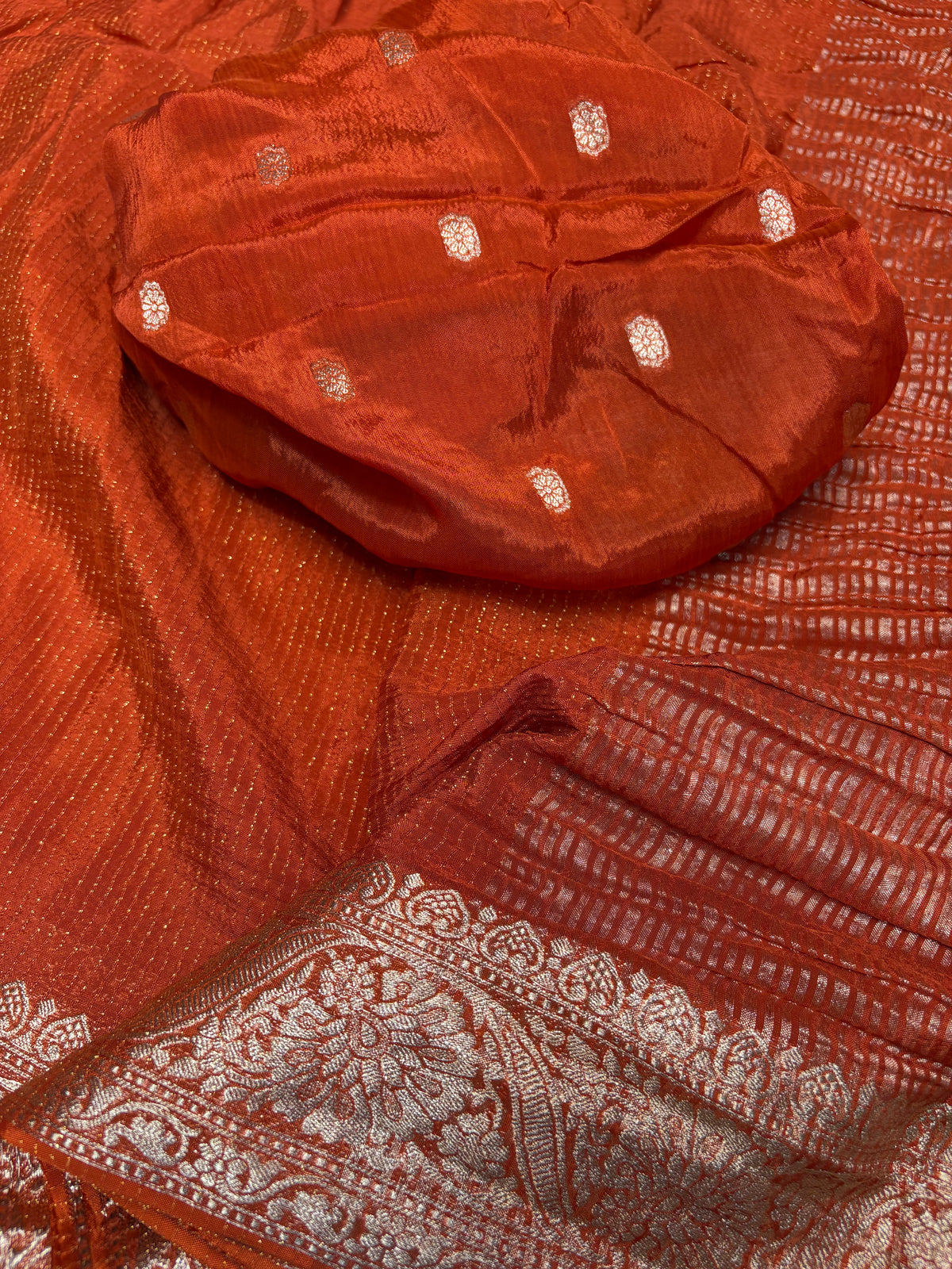 Symmetrical Orange Color Pure Viscose Chinnon Zari Jacquard Weaving Work Saree With Embrocation Blouse Piece