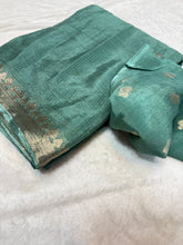 Load image into Gallery viewer, Confounding Sea Green Color Pure Viscose Chinnon Zari Jacquard Weaving Work Saree With Glowing Blouse Piece
