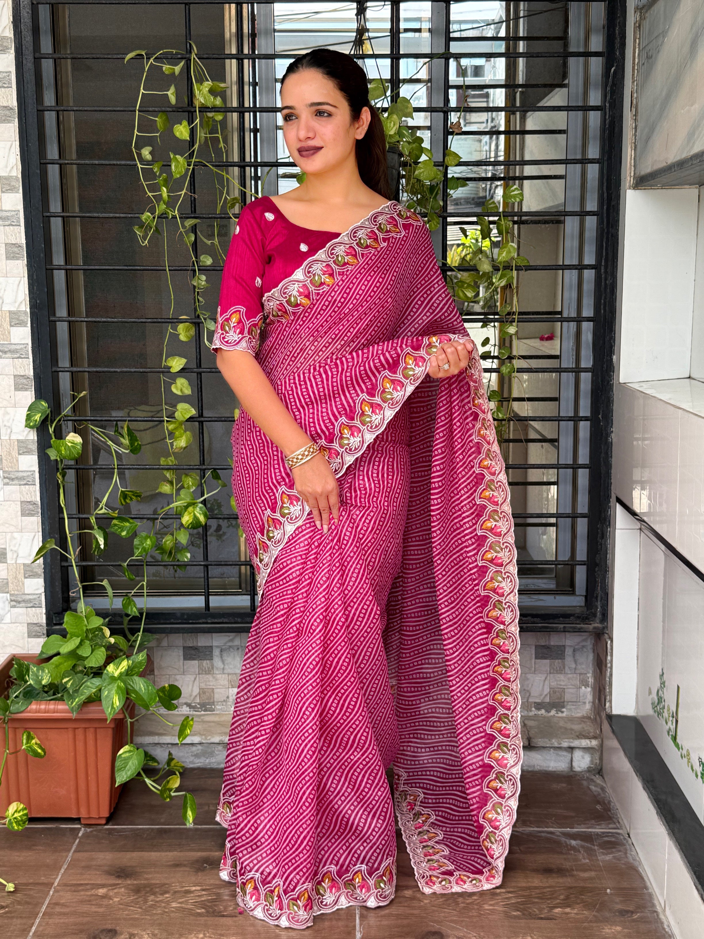 Imaginative Party Wear Cotton Satin Bandhej Print n Embroidered Work With Zari Border Fancy Saree