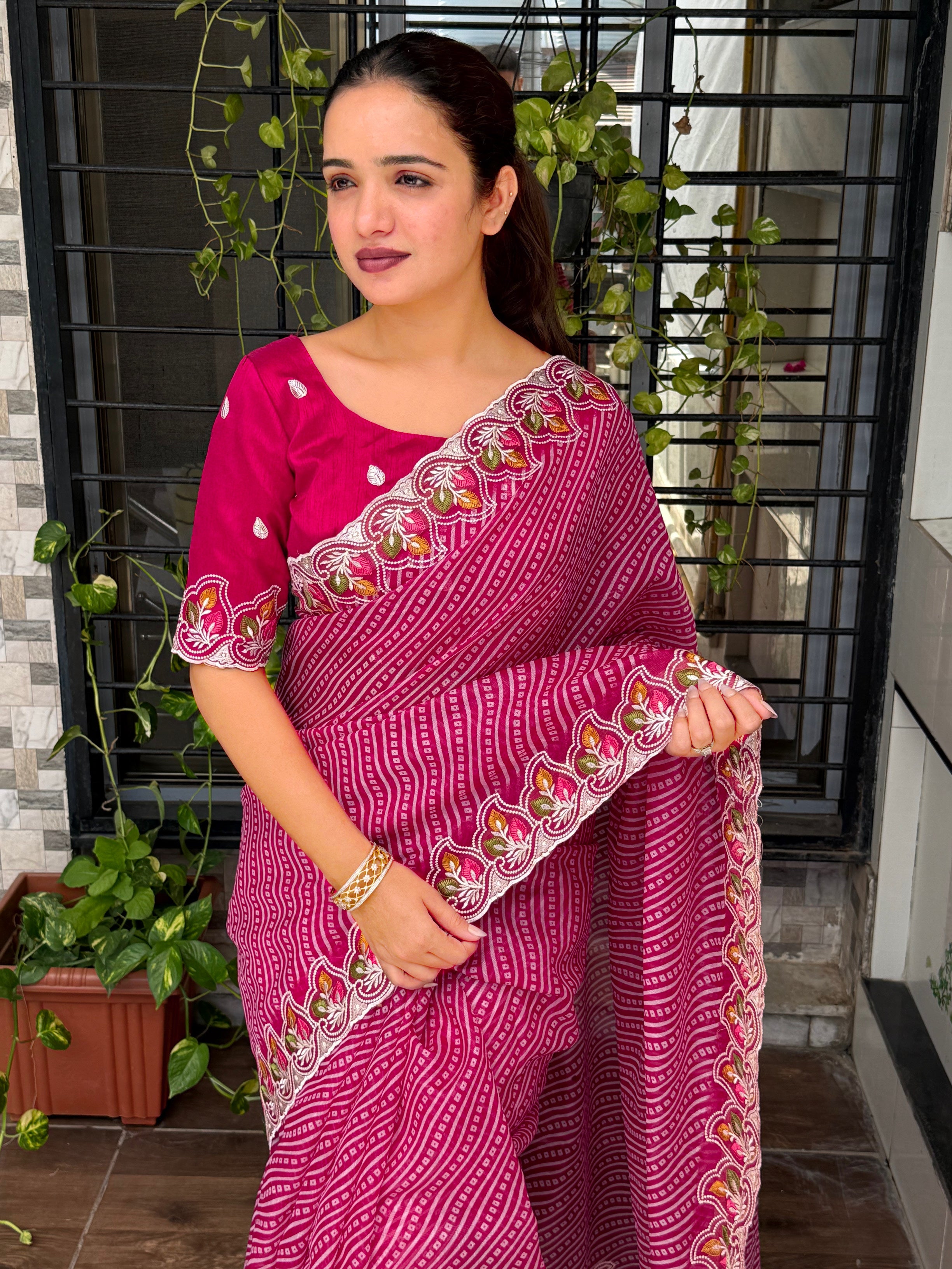 Imaginative Party Wear Cotton Satin Bandhej Print n Embroidered Work With Zari Border Fancy Saree