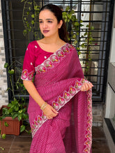 Load image into Gallery viewer, Imaginative Party Wear Cotton Satin Bandhej Print n Embroidered Work With Zari Border Fancy Saree
