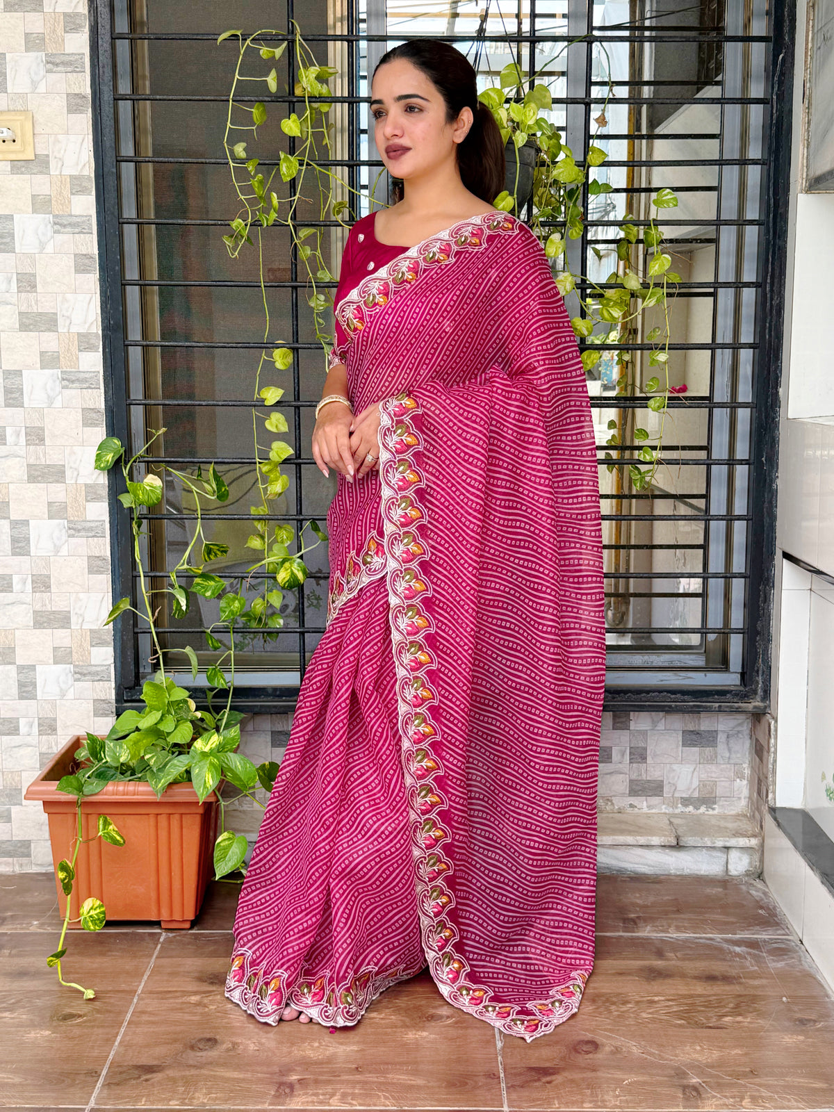Imaginative Party Wear Cotton Satin Bandhej Print n Embroidered Work With Zari Border Fancy Saree