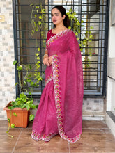 Load image into Gallery viewer, Imaginative Party Wear Cotton Satin Bandhej Print n Embroidered Work With Zari Border Fancy Saree
