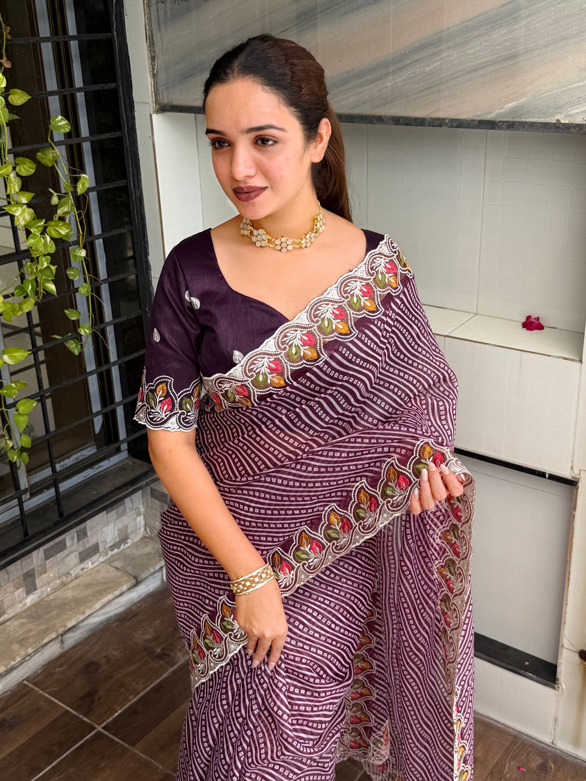 Imaginative Party Wear Cotton Satin Bandhej Print n Embroidered Work With Zari Border Fancy Saree