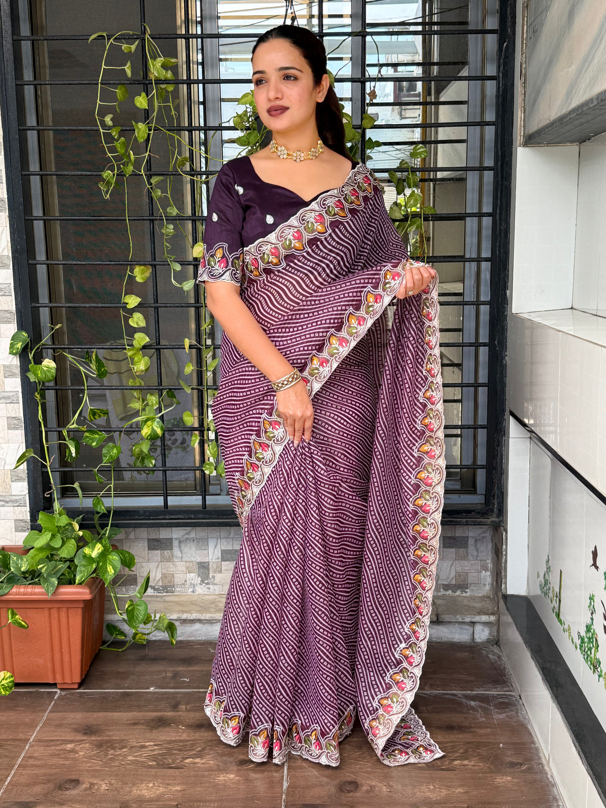 Imaginative Party Wear Cotton Satin Bandhej Print n Embroidered Work With Zari Border Fancy Saree