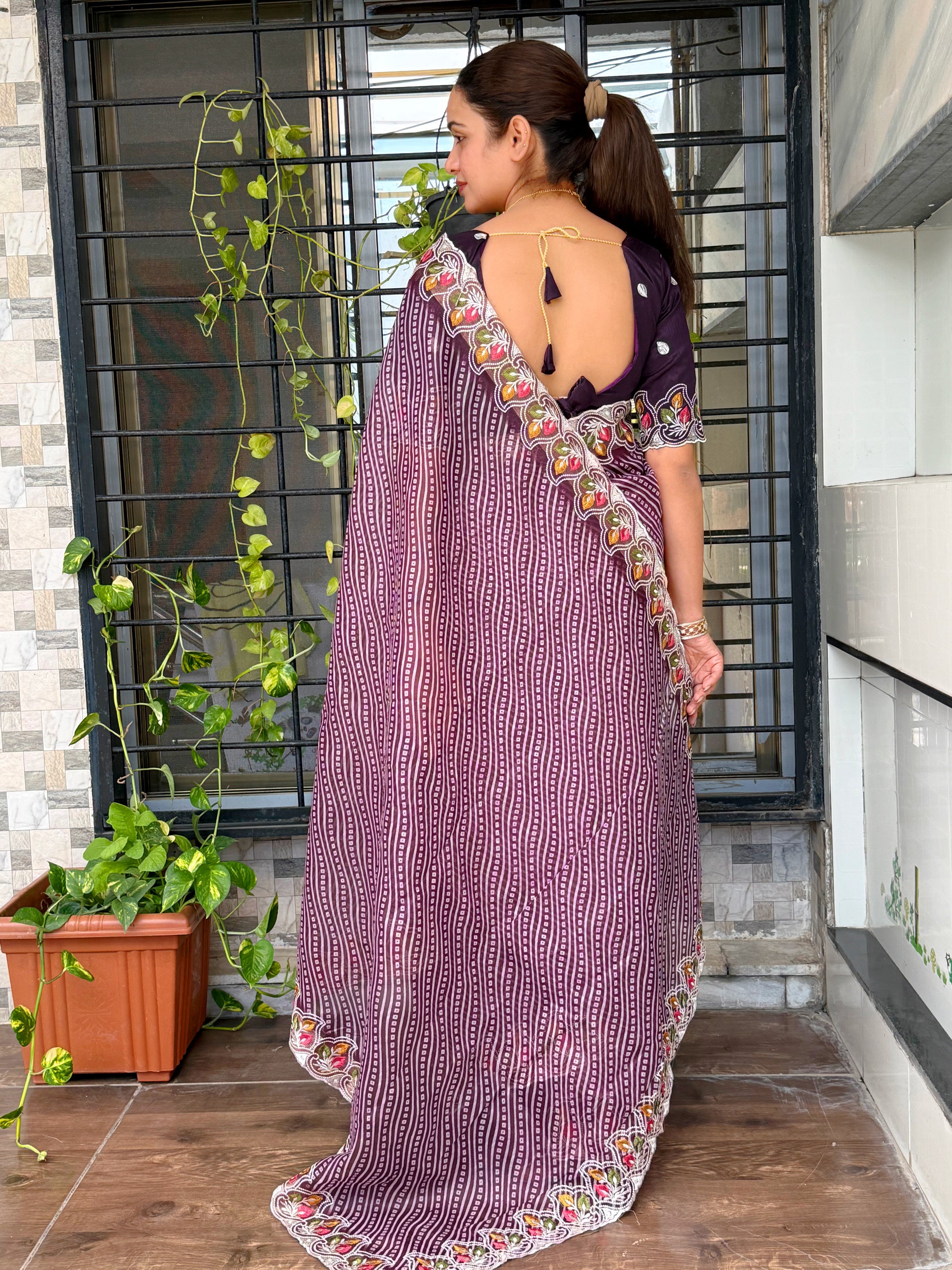 Imaginative Party Wear Cotton Satin Bandhej Print n Embroidered Work With Zari Border Fancy Saree