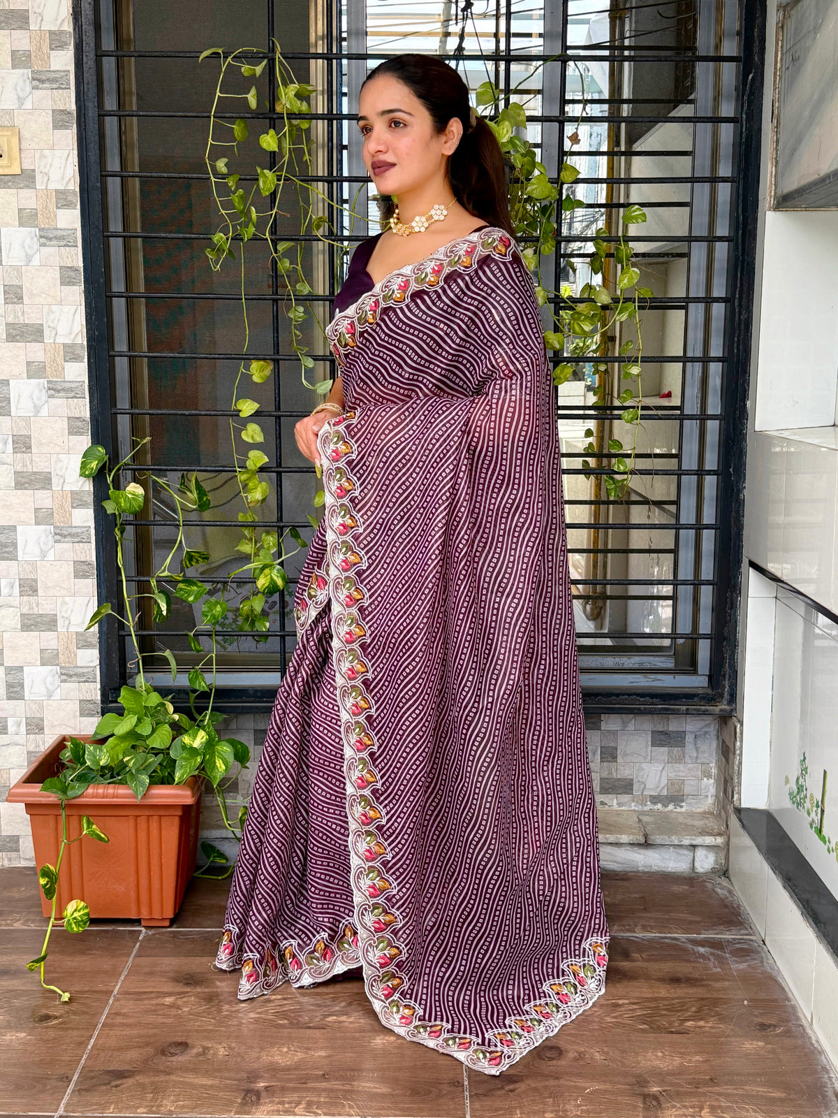 Imaginative Party Wear Cotton Satin Bandhej Print n Embroidered Work With Zari Border Fancy Saree