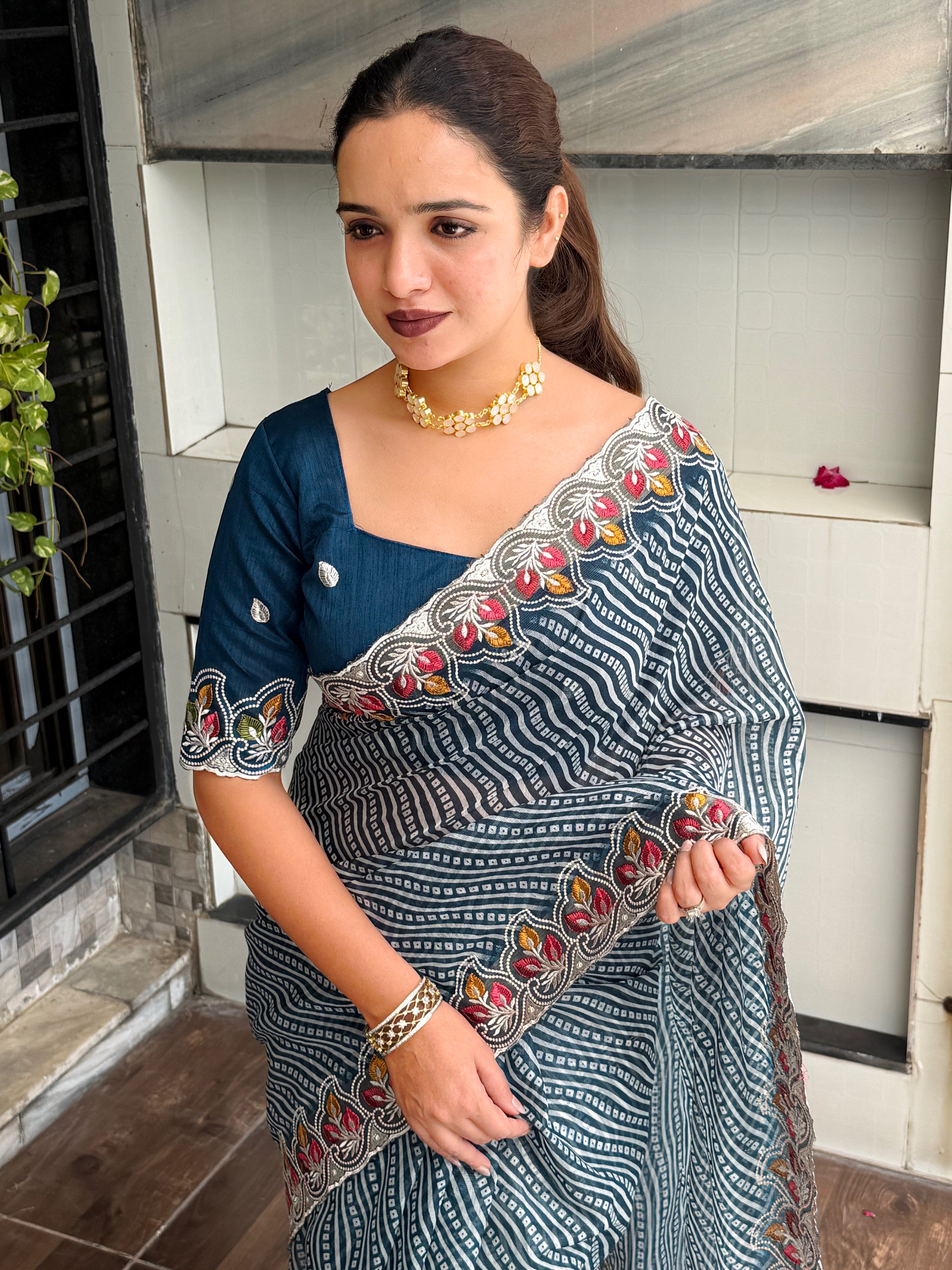 Imaginative Party Wear Cotton Satin Bandhej Print n Embroidered Work With Zari Border Fancy Saree