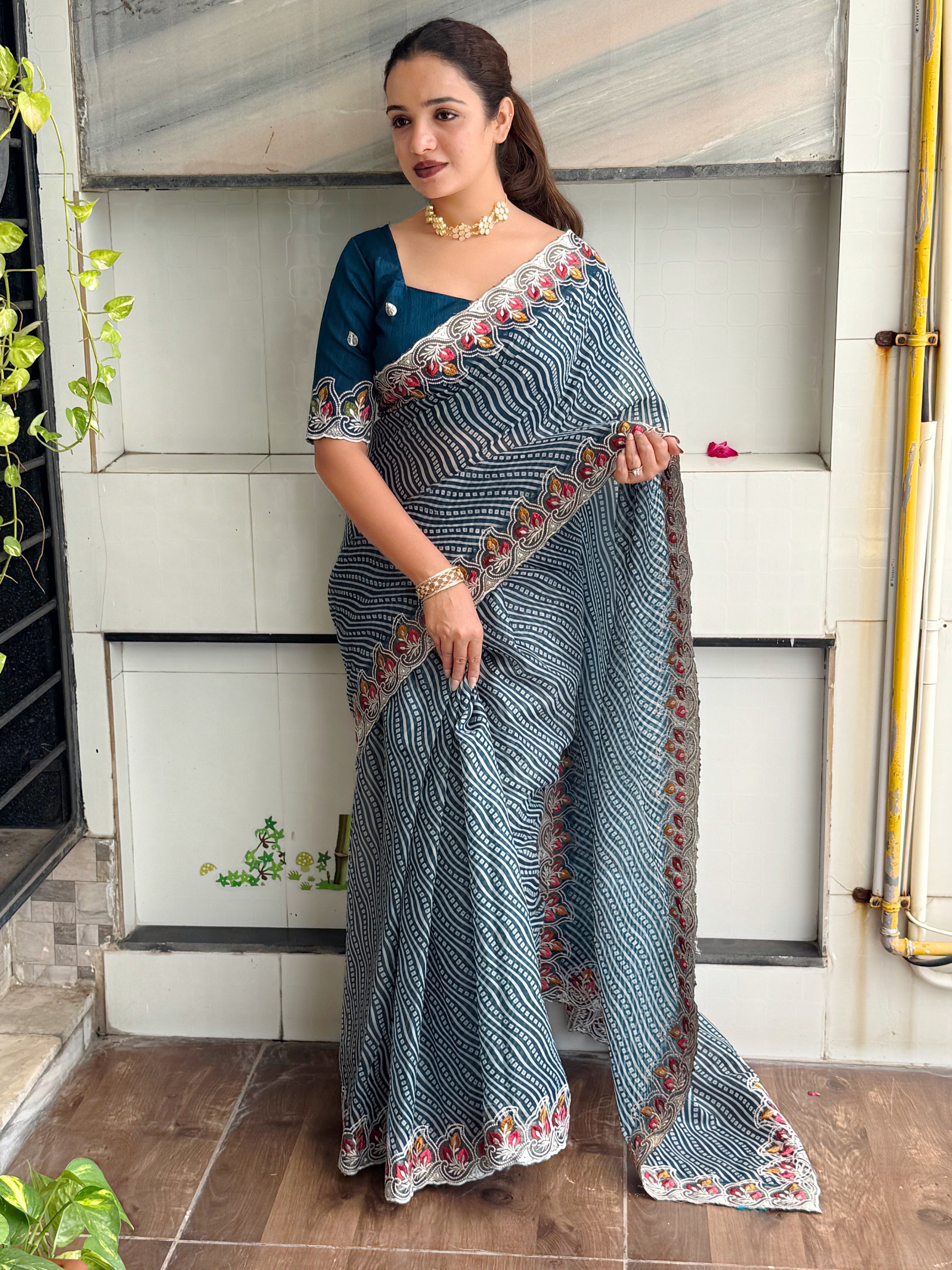 Imaginative Party Wear Cotton Satin Bandhej Print n Embroidered Work With Zari Border Fancy Saree
