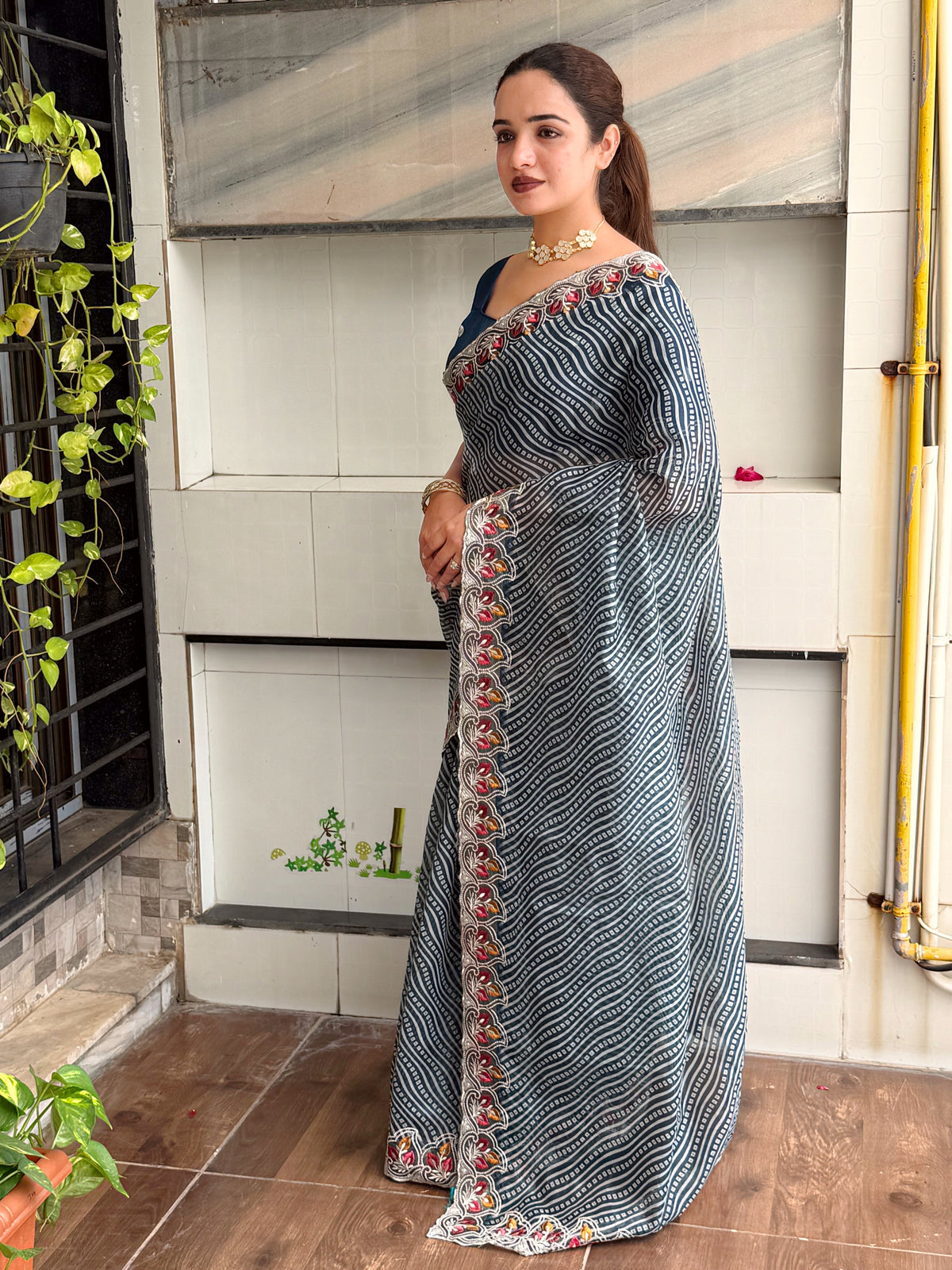 Imaginative Party Wear Cotton Satin Bandhej Print n Embroidered Work With Zari Border Fancy Saree
