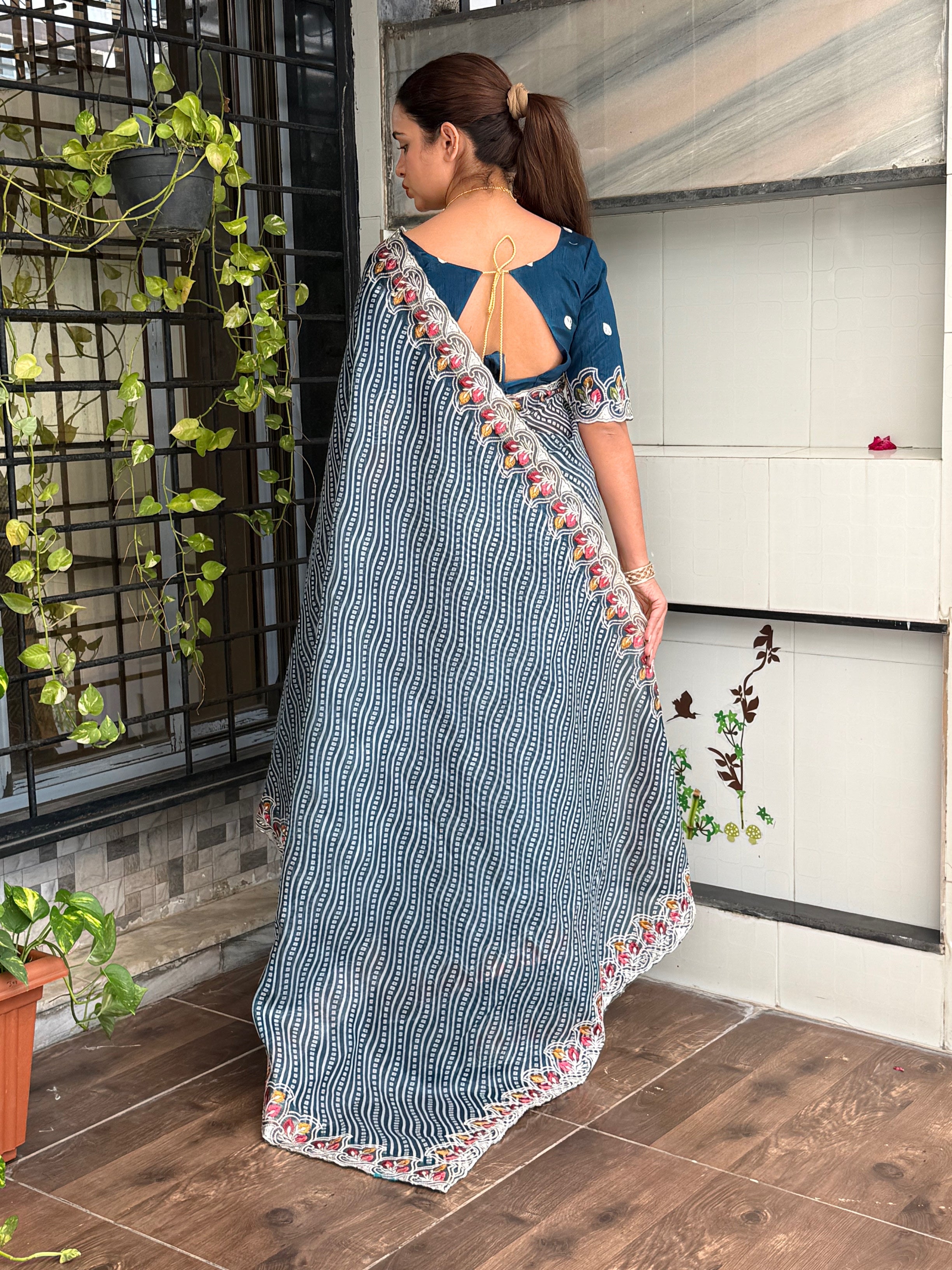 Imaginative Party Wear Cotton Satin Bandhej Print n Embroidered Work With Zari Border Fancy Saree