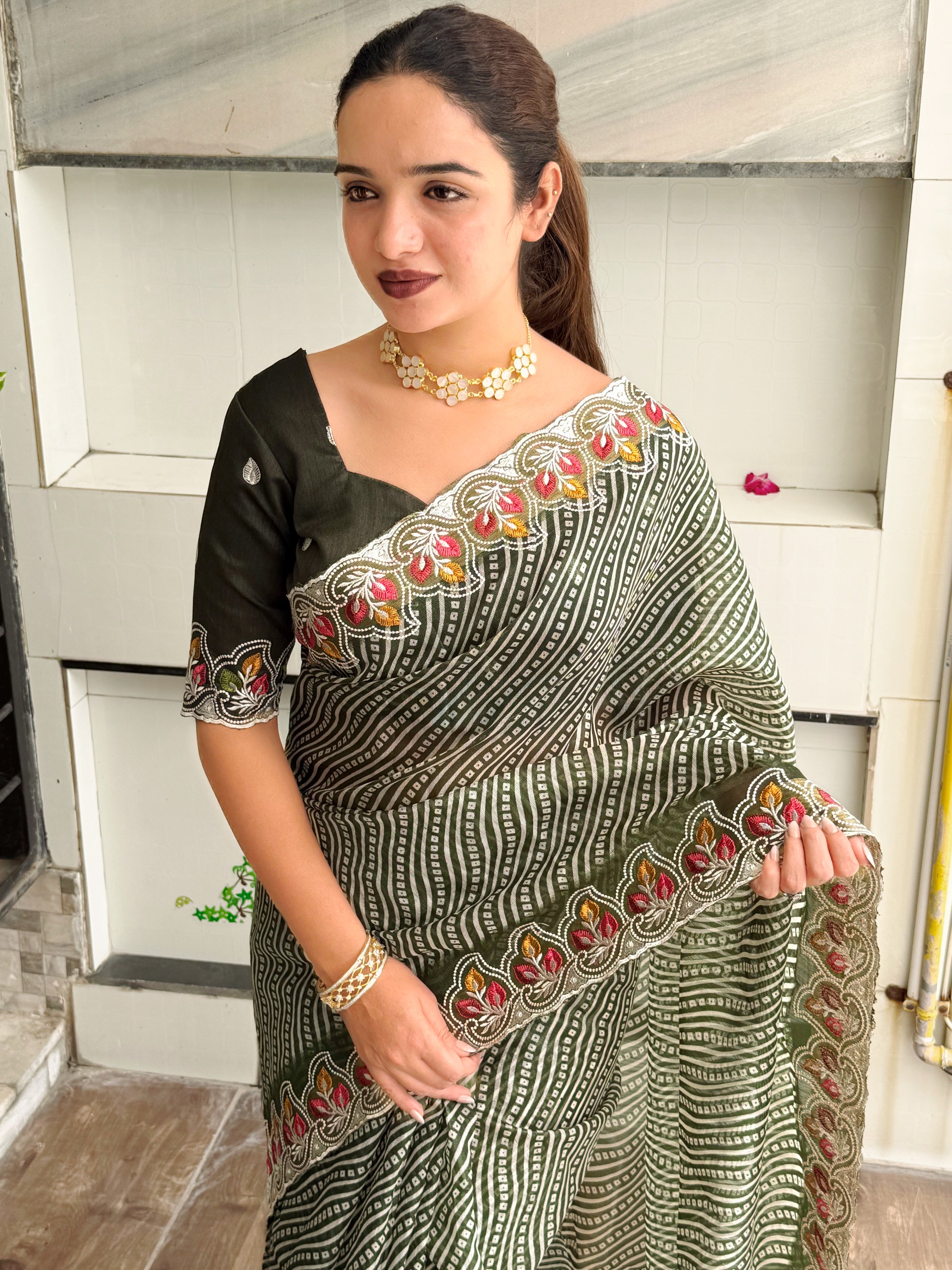 Imaginative Party Wear Cotton Satin Bandhej Print n Embroidered Work With Zari Border Fancy Saree