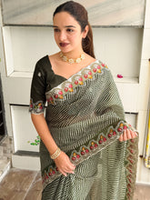 Load image into Gallery viewer, Imaginative Party Wear Cotton Satin Bandhej Print n Embroidered Work With Zari Border Fancy Saree
