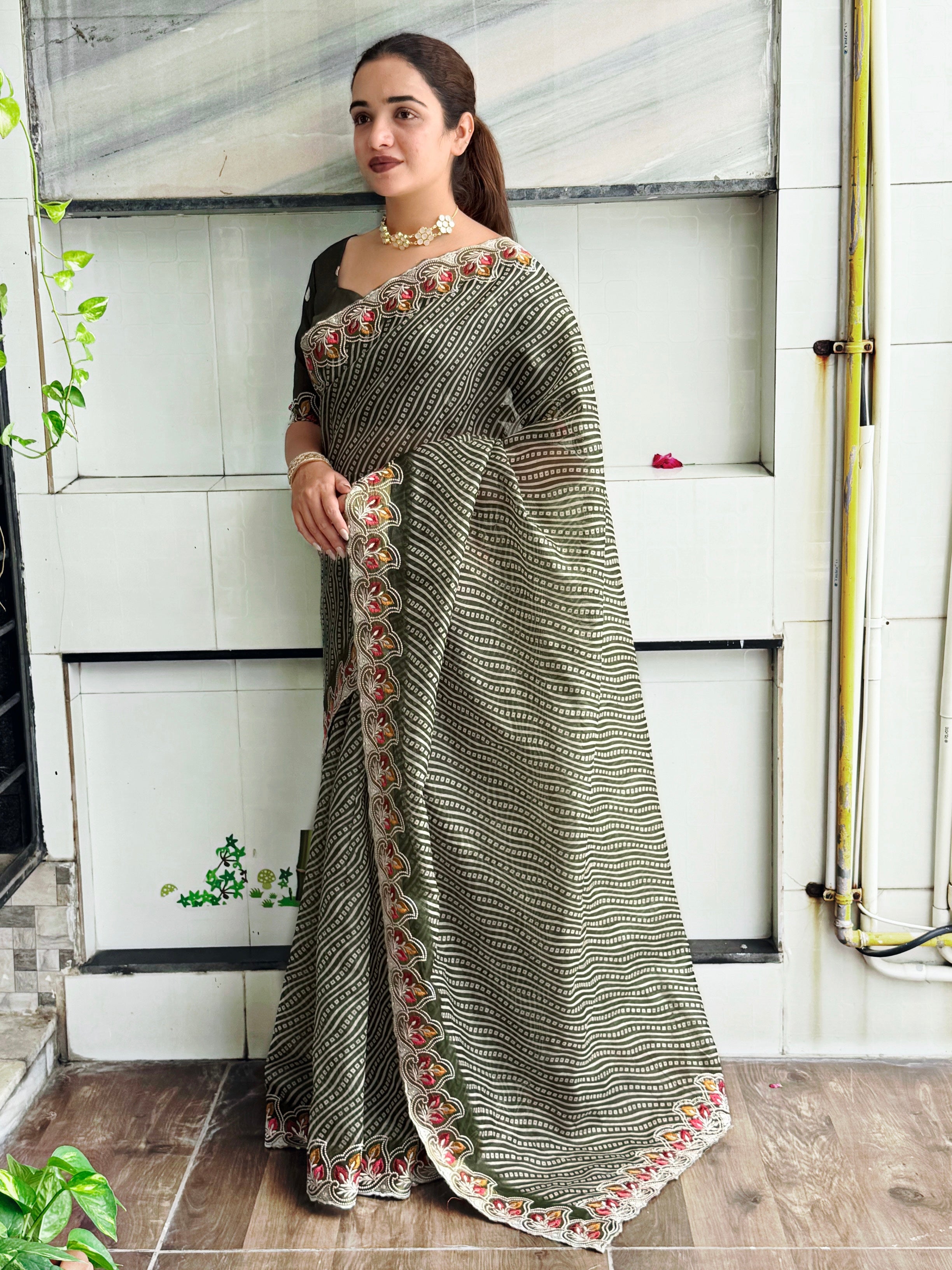 Imaginative Party Wear Cotton Satin Bandhej Print n Embroidered Work With Zari Border Fancy Saree