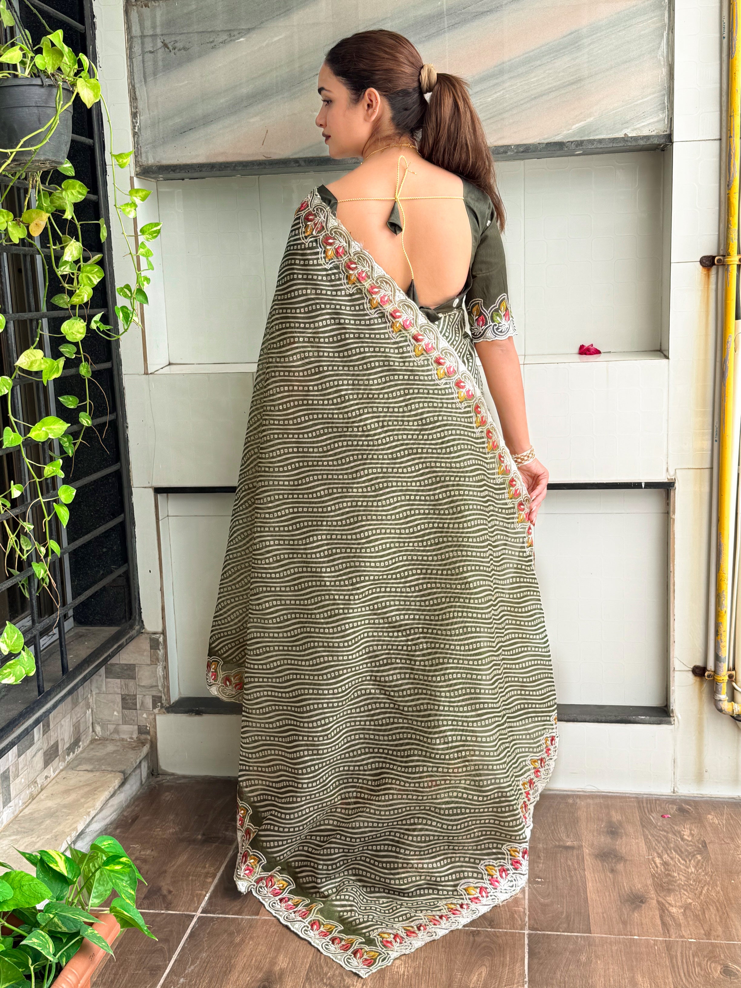Imaginative Party Wear Cotton Satin Bandhej Print n Embroidered Work With Zari Border Fancy Saree