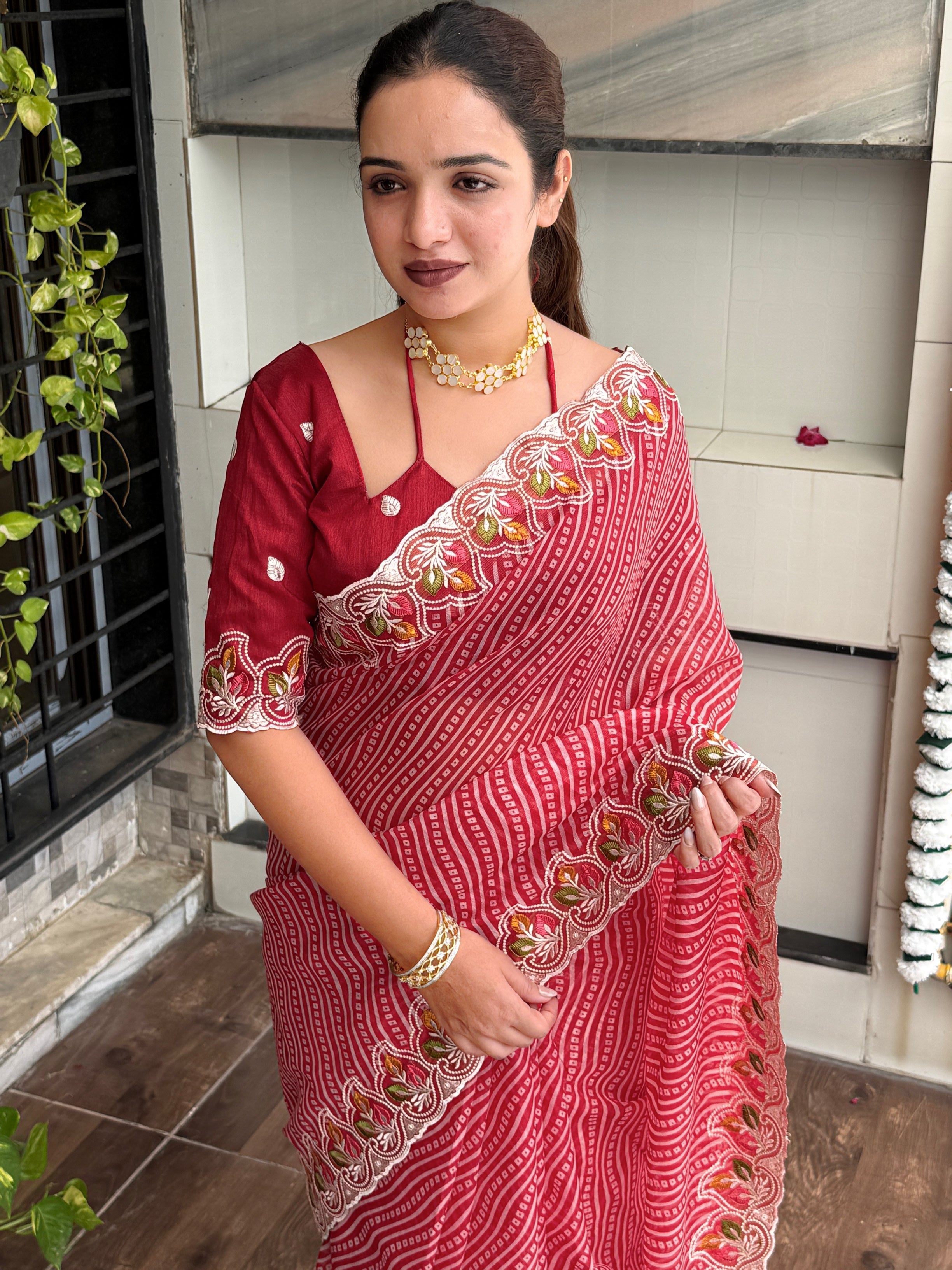 Imaginative Party Wear Cotton Satin Bandhej Print n Embroidered Work With Zari Border Fancy Saree