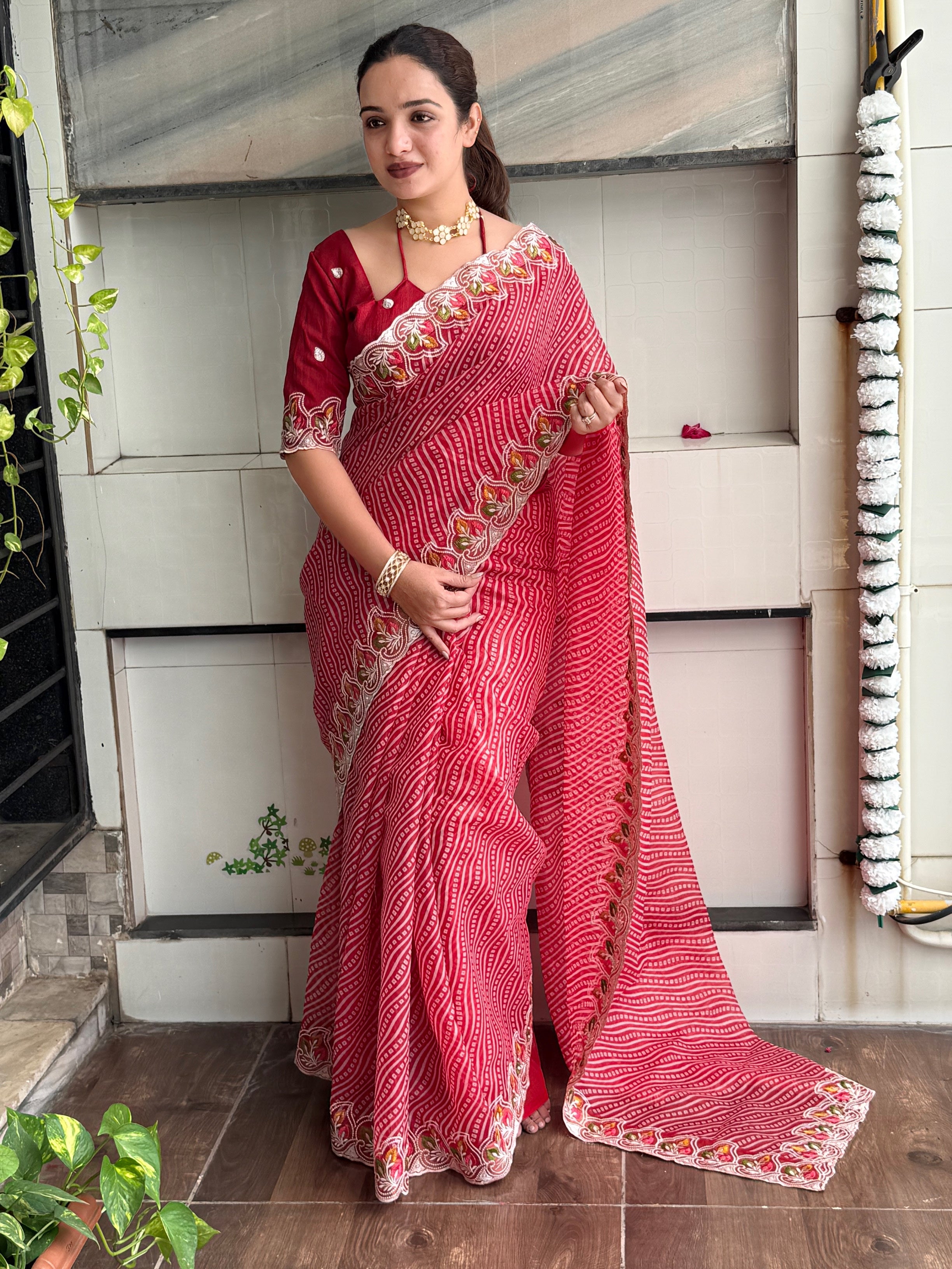 Imaginative Party Wear Cotton Satin Bandhej Print n Embroidered Work With Zari Border Fancy Saree