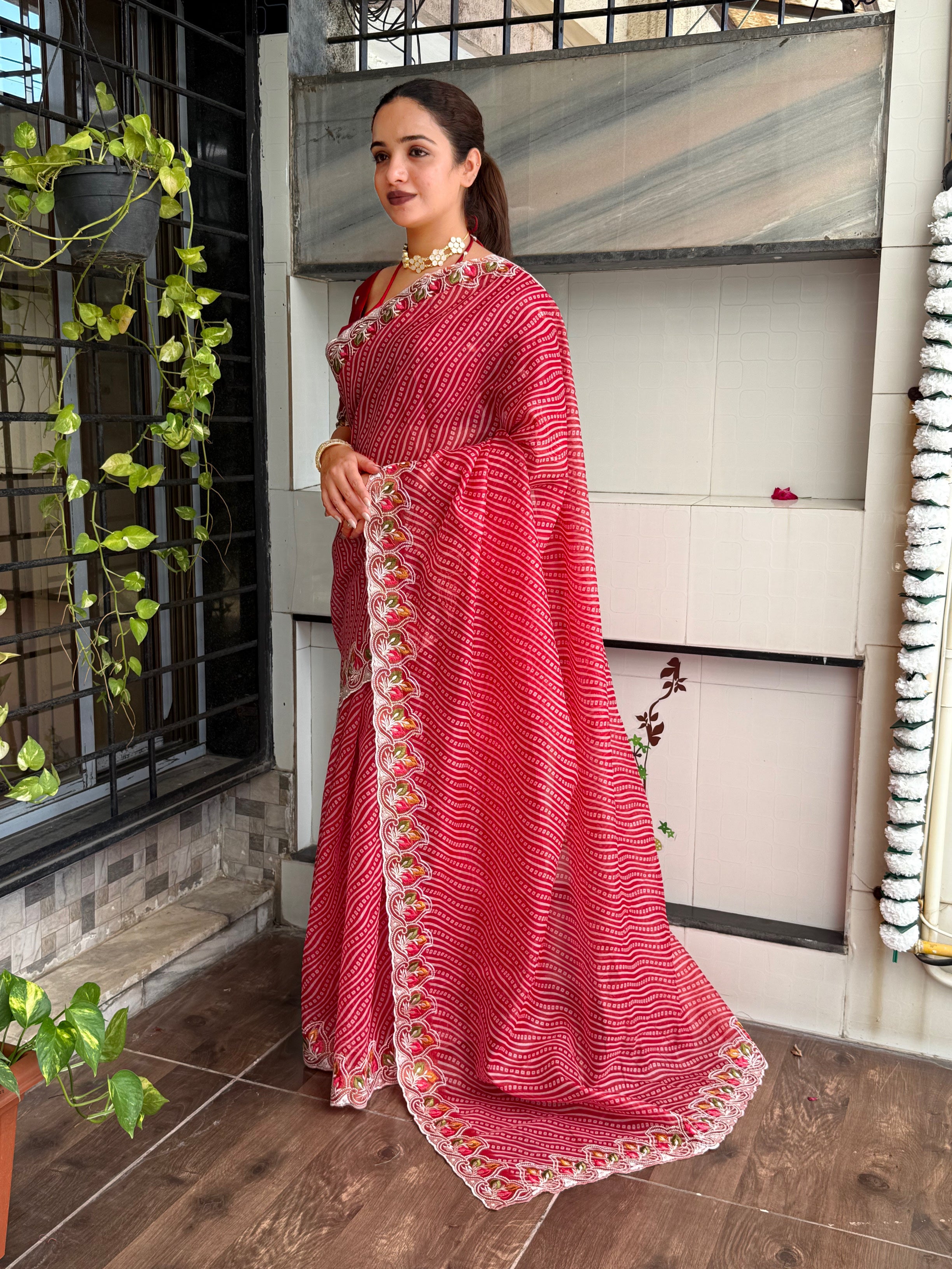 Imaginative Party Wear Cotton Satin Bandhej Print n Embroidered Work With Zari Border Fancy Saree
