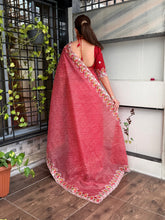 Load image into Gallery viewer, Imaginative Party Wear Cotton Satin Bandhej Print n Embroidered Work With Zari Border Fancy Saree
