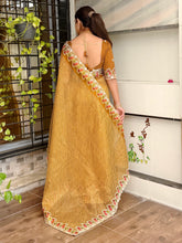 Load image into Gallery viewer, Imaginative Party Wear Cotton Satin Bandhej Print n Embroidered Work With Zari Border Fancy Saree
