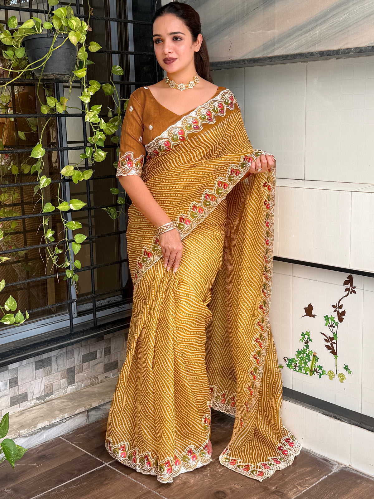 Imaginative Party Wear Cotton Satin Bandhej Print n Embroidered Work With Zari Border Fancy Saree