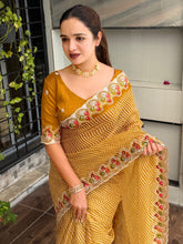 Load image into Gallery viewer, Imaginative Party Wear Cotton Satin Bandhej Print n Embroidered Work With Zari Border Fancy Saree
