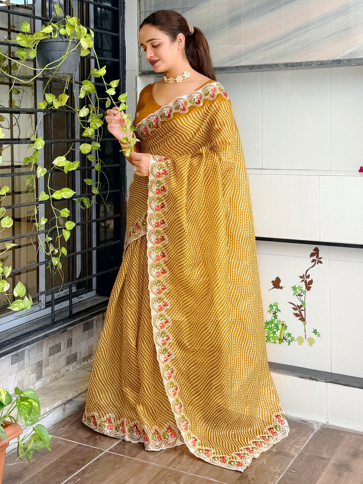 Imaginative Party Wear Cotton Satin Bandhej Print n Embroidered Work With Zari Border Fancy Saree