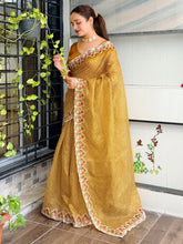 Load image into Gallery viewer, Imaginative Party Wear Cotton Satin Bandhej Print n Embroidered Work With Zari Border Fancy Saree
