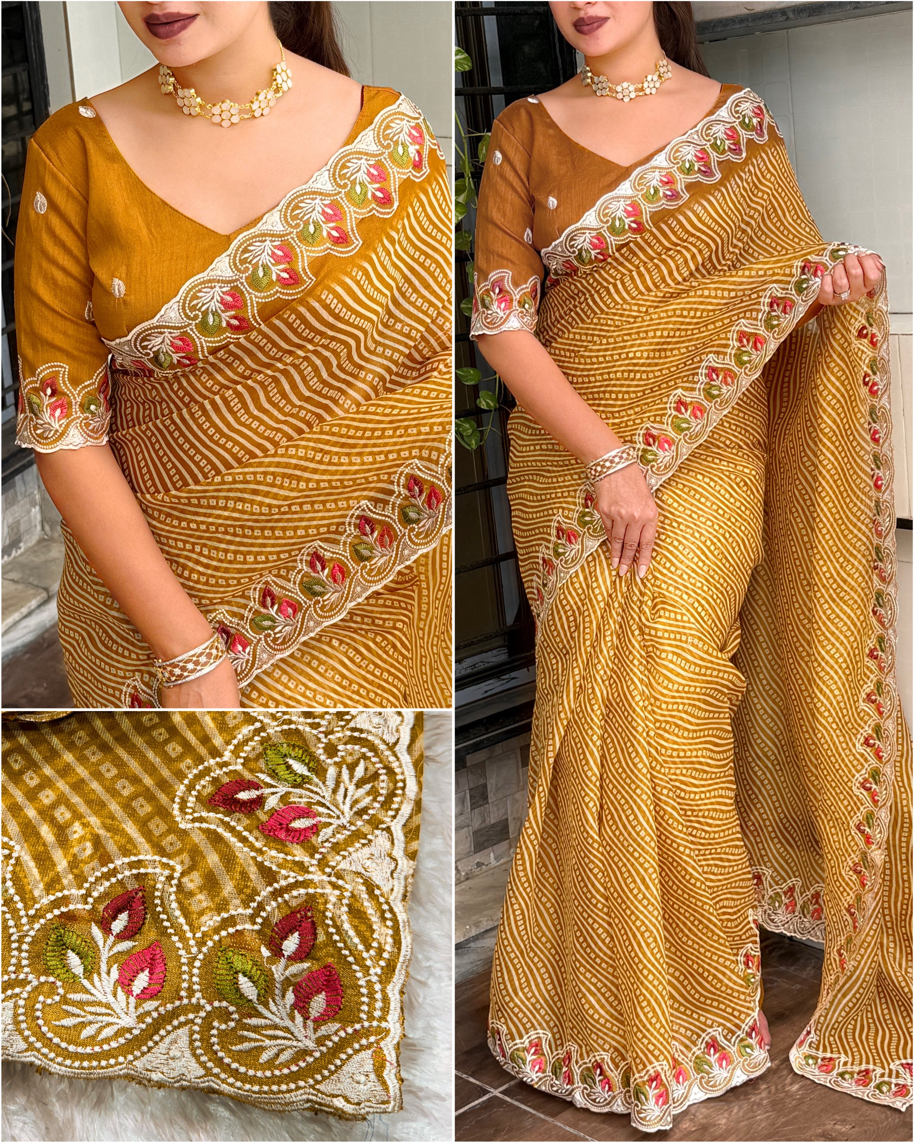 Imaginative Party Wear Cotton Satin Bandhej Print n Embroidered Work With Zari Border Fancy Saree