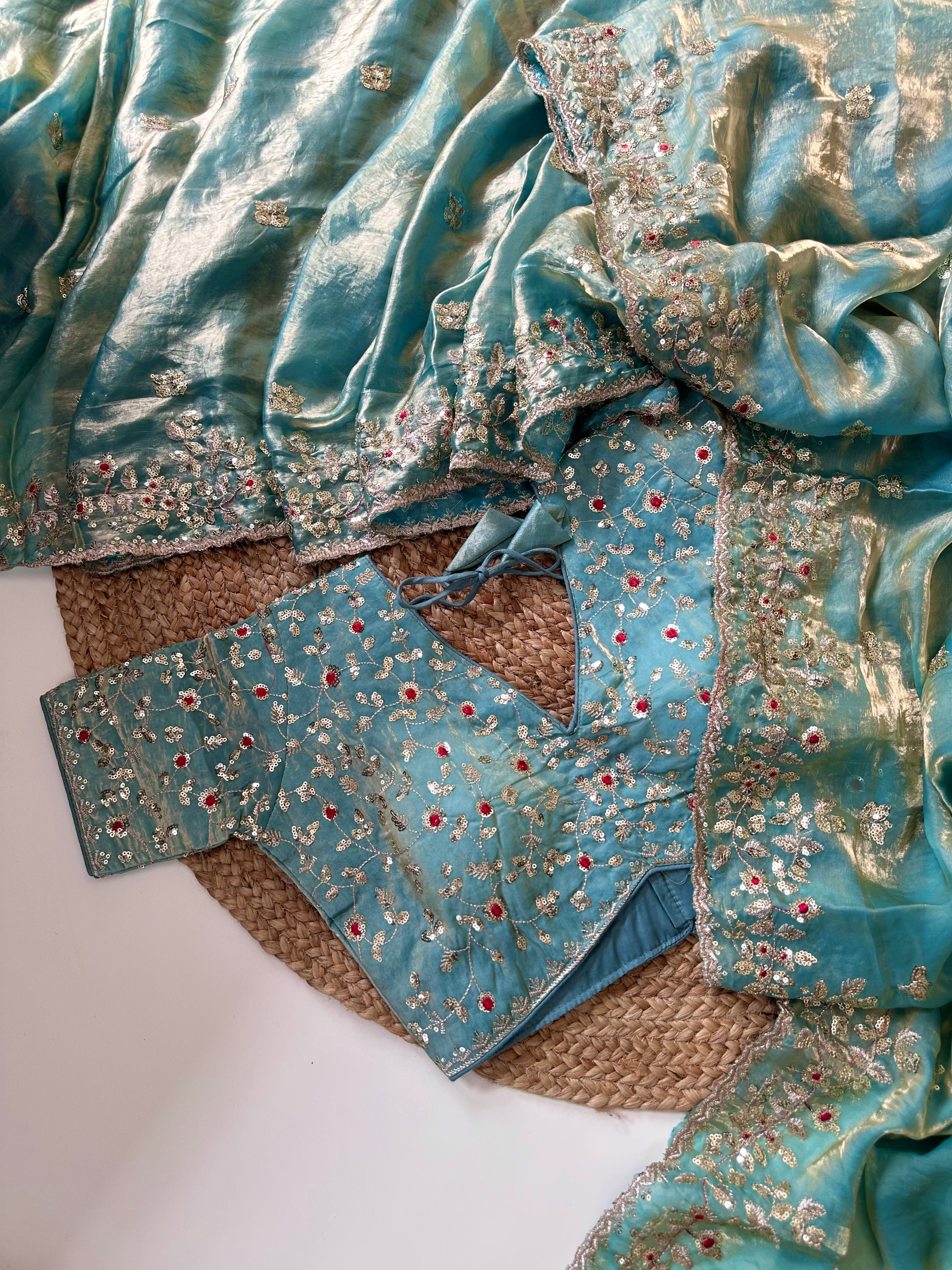 Impressive Wedding Wear Silk Embroidery n Sequence Work Arco Border Saree With Stitched Blouse