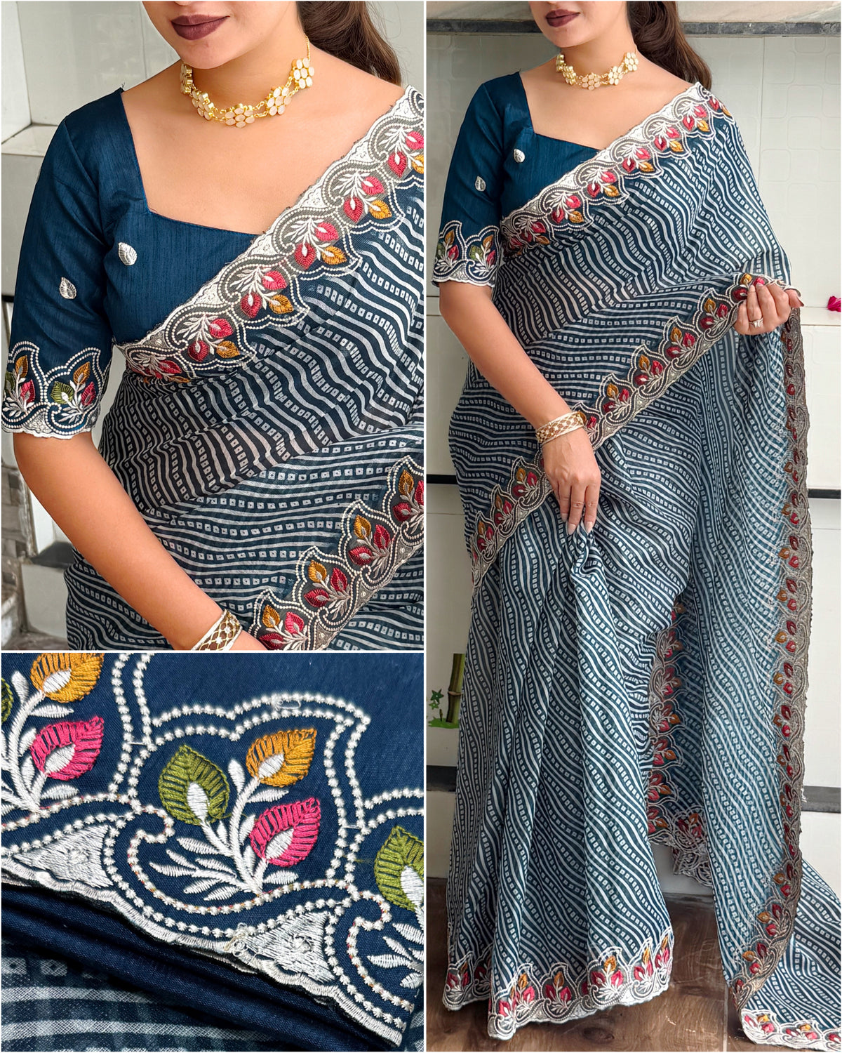 Imaginative Party Wear Cotton Satin Bandhej Print n Embroidered Work With Zari Border Fancy Saree