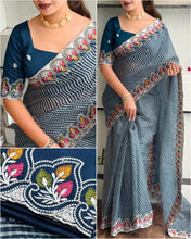 Load image into Gallery viewer, Imaginative Party Wear Cotton Satin Bandhej Print n Embroidered Work With Zari Border Fancy Saree
