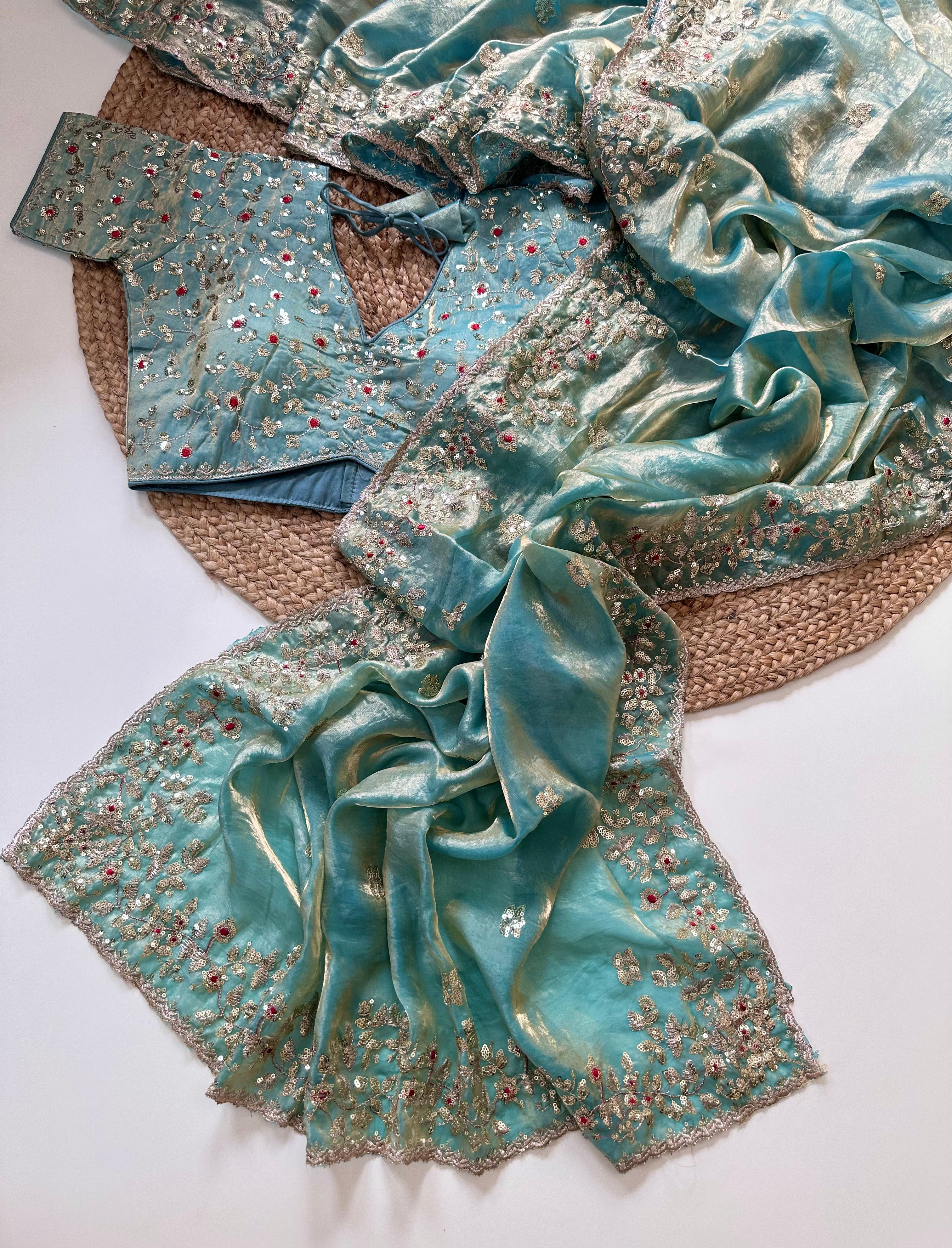 Glossy Wedding Wear Silk Embroidery n Sequence Work Arco Border Saree With Stitched Blouse