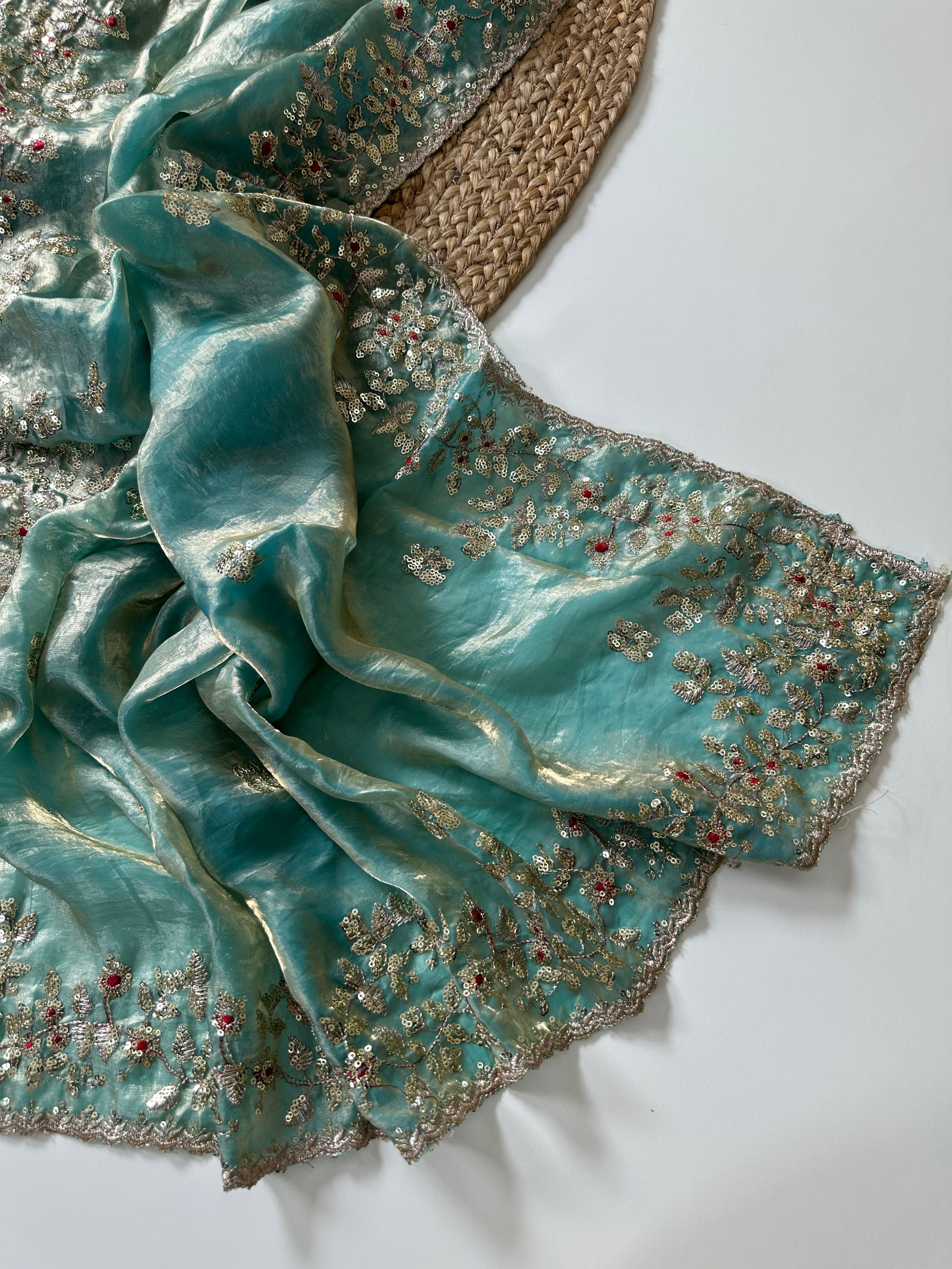 Impressive Wedding Wear Silk Embroidery n Sequence Work Arco Border Saree With Stitched Blouse