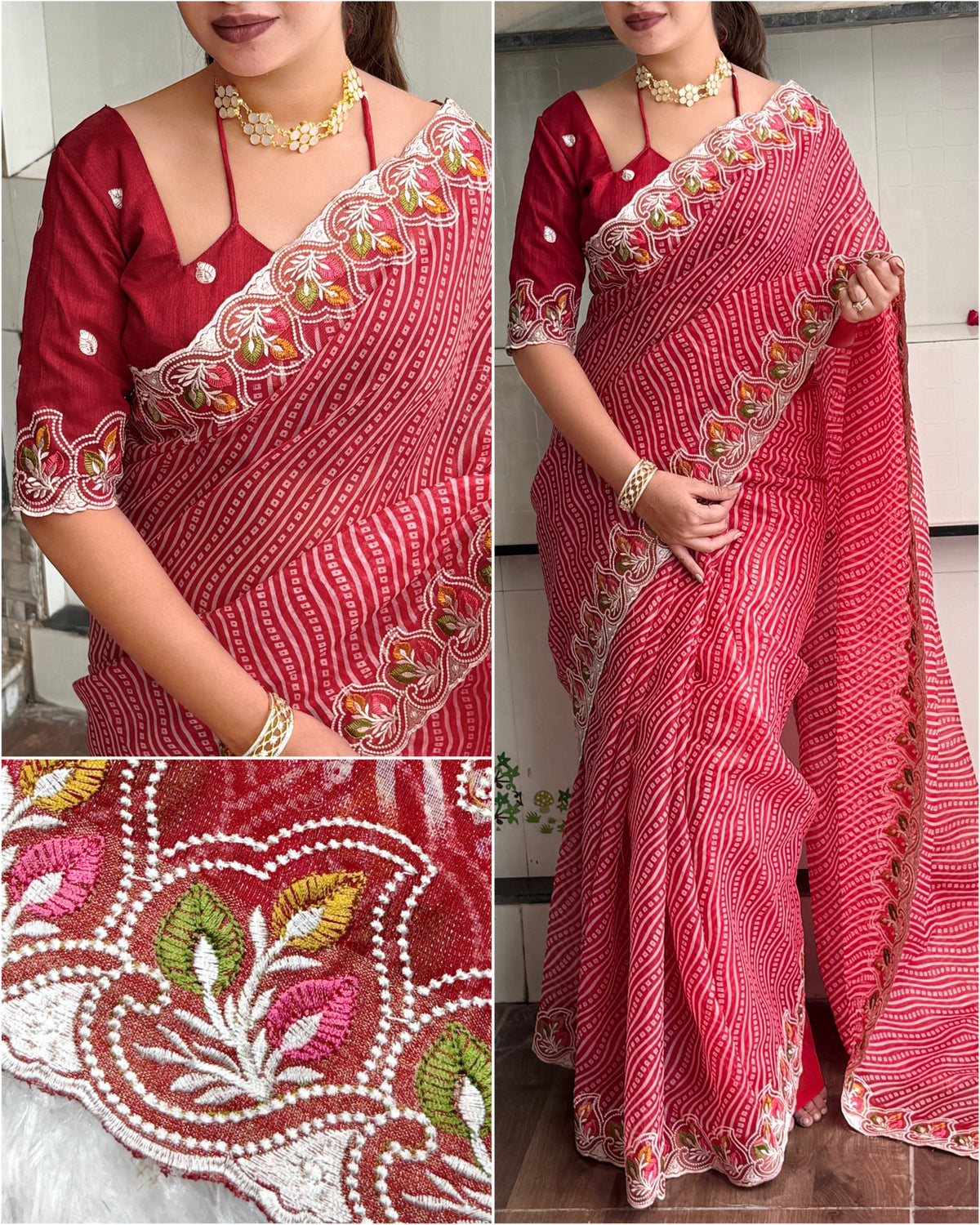Imaginative Party Wear Cotton Satin Bandhej Print n Embroidered Work With Zari Border Fancy Saree