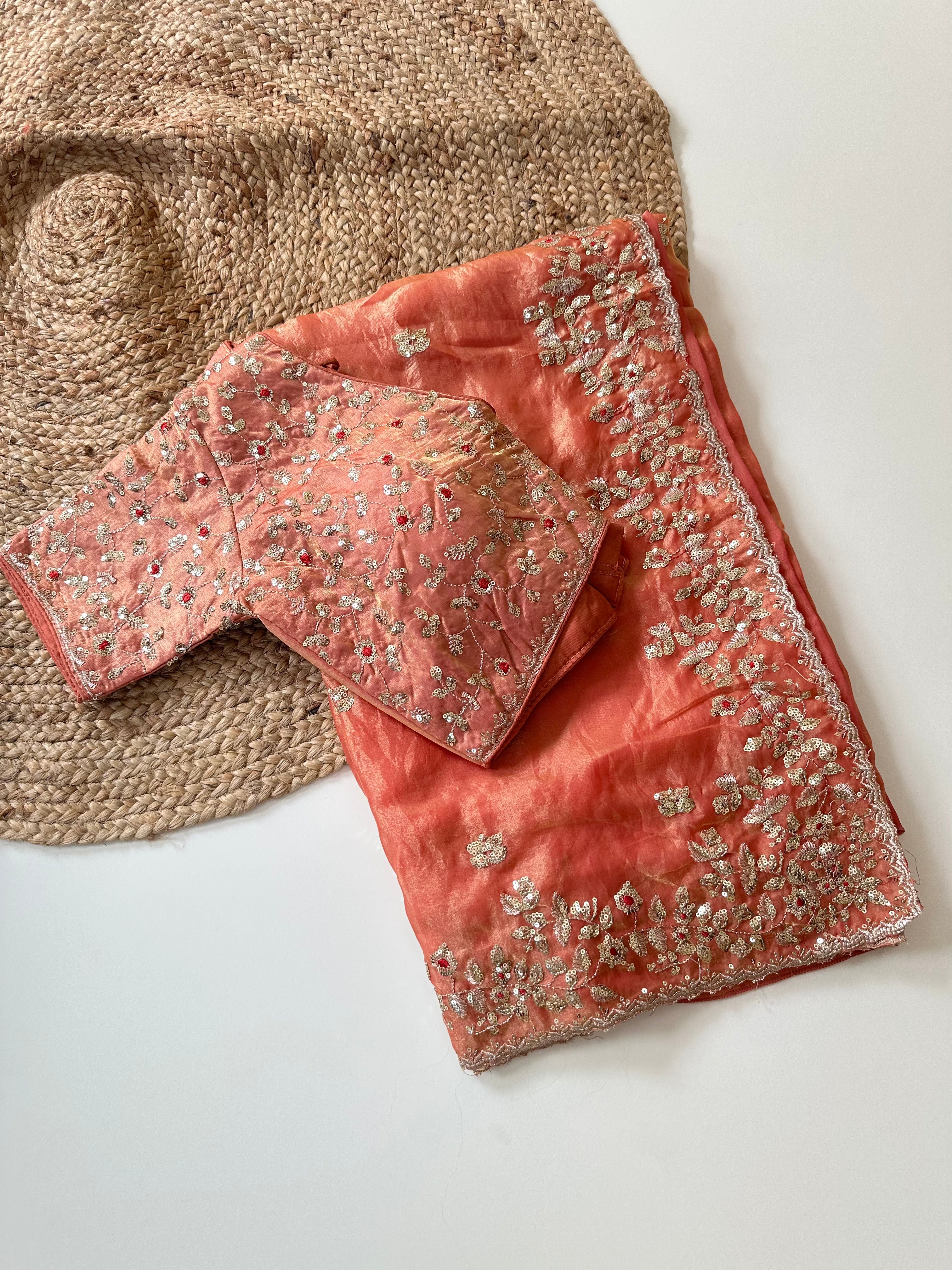 Glossy Wedding Wear Silk Embroidery n Sequence Work Arco Border Saree With Stitched Blouse