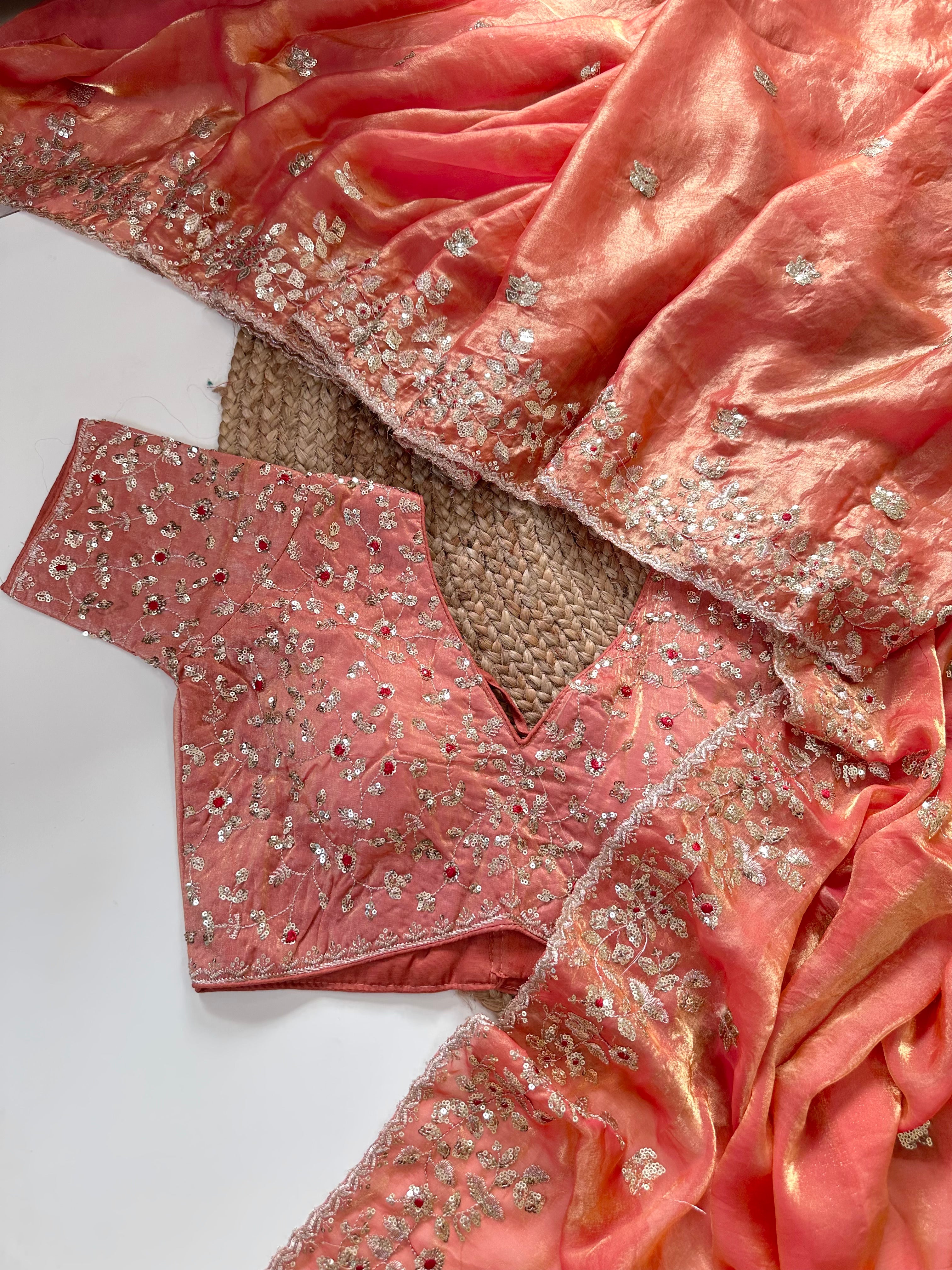 Glossy Wedding Wear Silk Embroidery n Sequence Work Arco Border Saree With Stitched Blouse