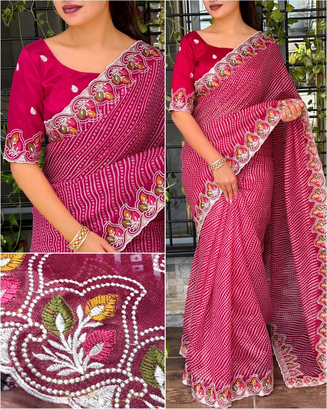 Imaginative Party Wear Cotton Satin Bandhej Print n Embroidered Work With Zari Border Fancy Saree