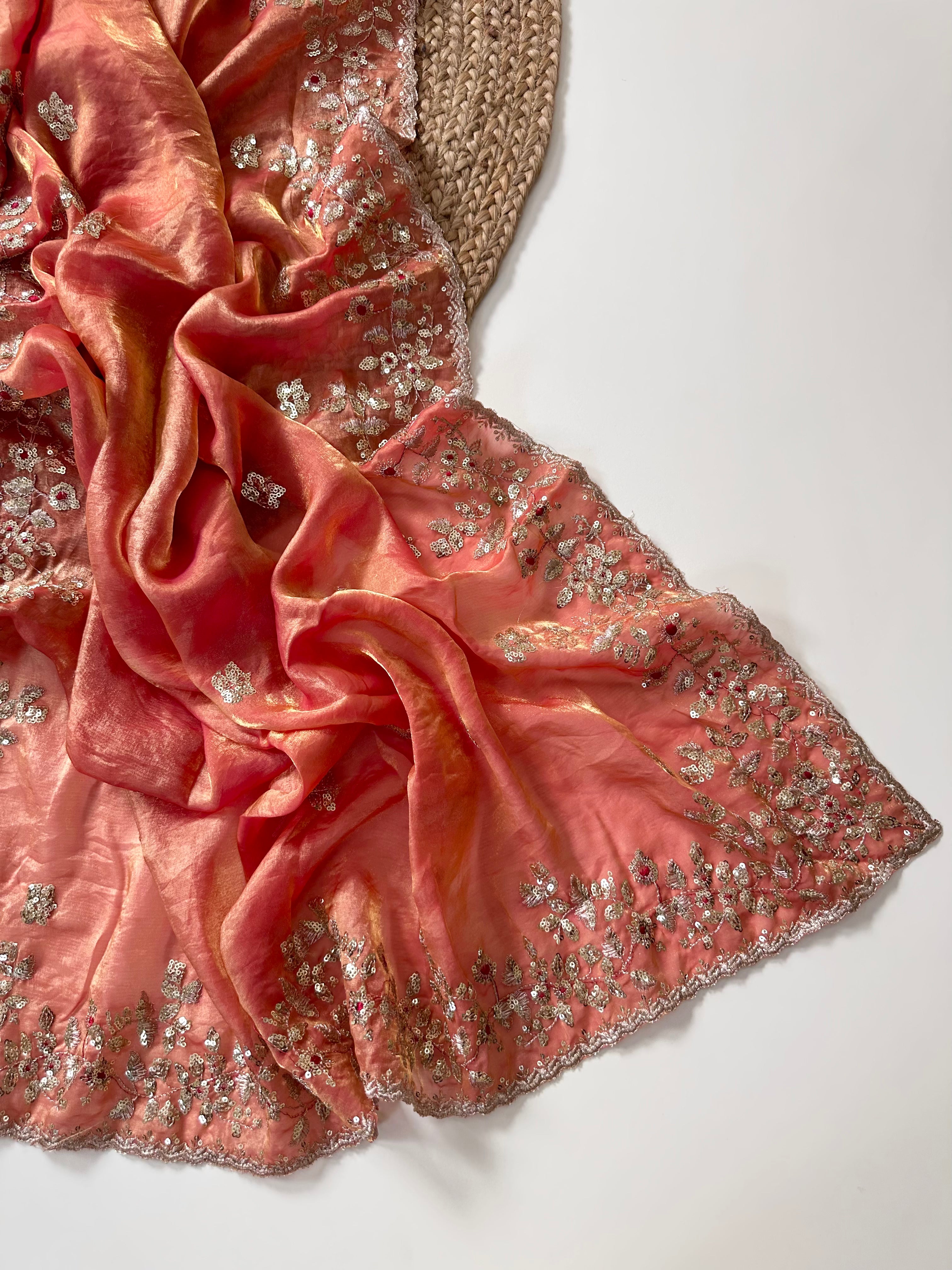 Glossy Wedding Wear Silk Embroidery n Sequence Work Arco Border Saree With Stitched Blouse