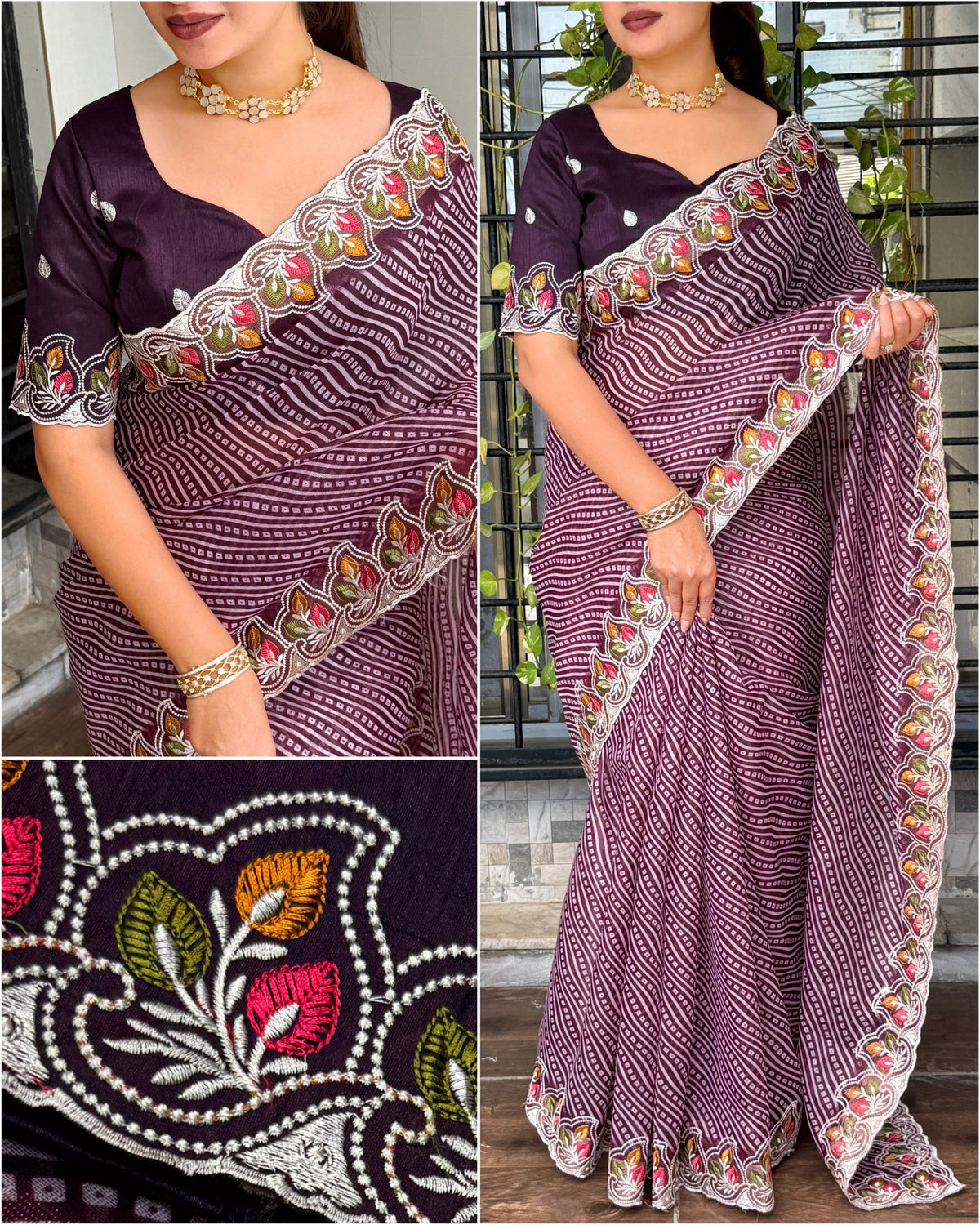 Imaginative Party Wear Cotton Satin Bandhej Print n Embroidered Work With Zari Border Fancy Saree